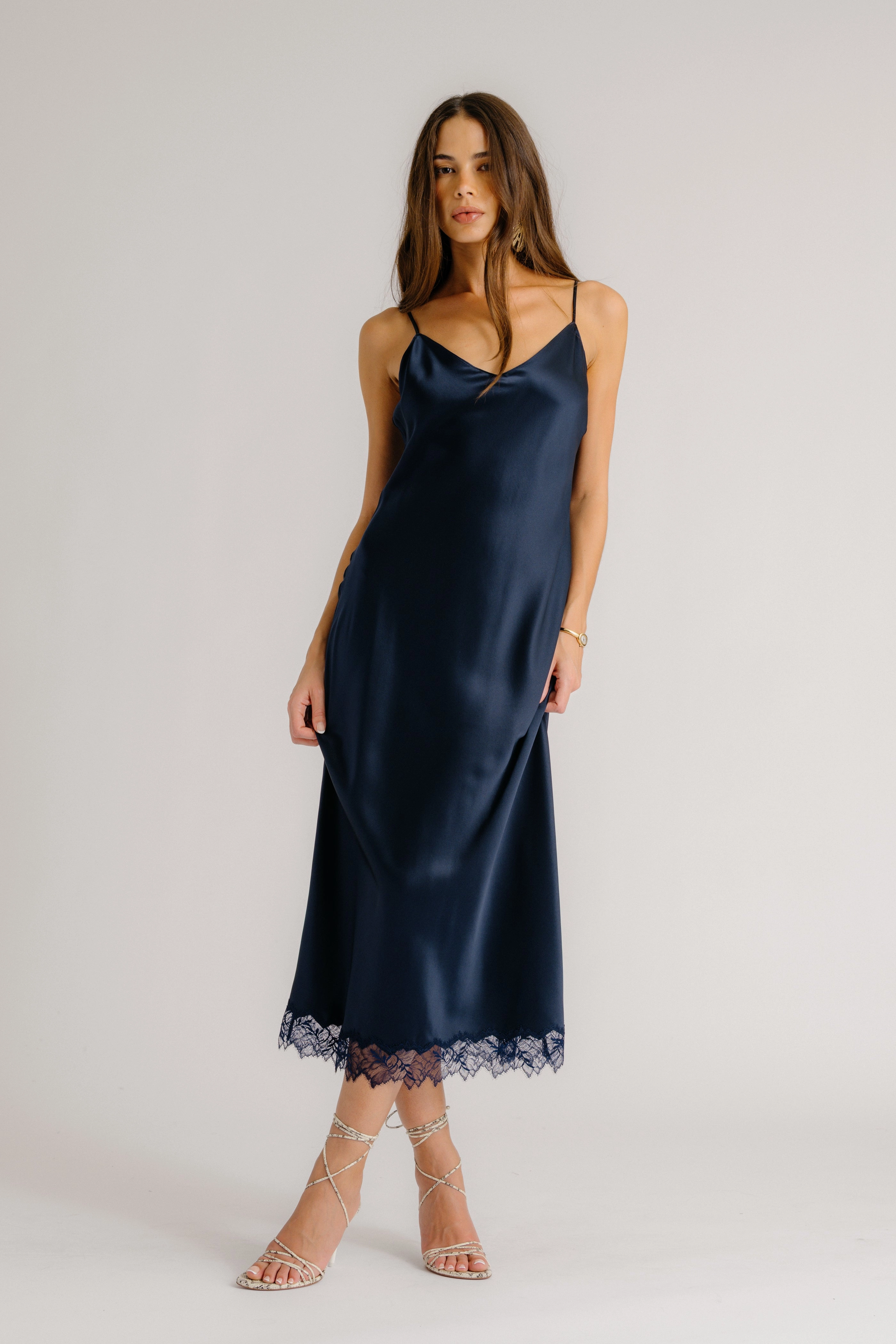 Vibe Style TAYLOR V-NECK BIAS CUT SILK DRESS W/ LACE | MIDNIGHT NAVY