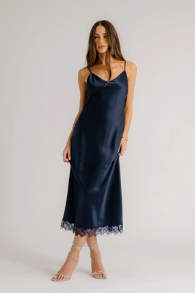 Vibe Style TAYLOR V-NECK BIAS CUT SILK DRESS W/ LACE | MIDNIGHT NAVY