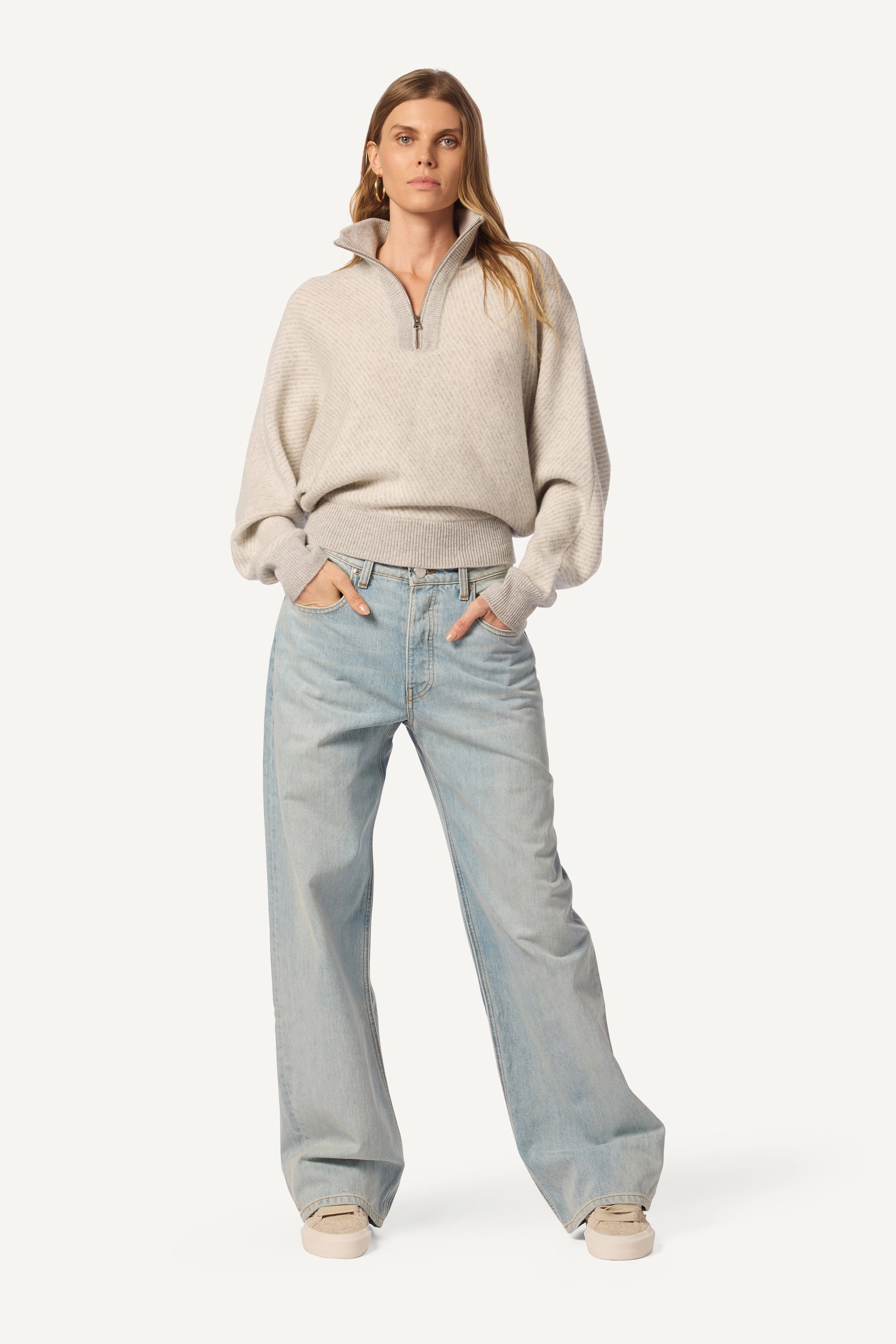 Warm Look Warm Appeal AMBER MOCK NECK HALF ZIP CASHMERE DOLMAN | FOGGY/GARDENIA