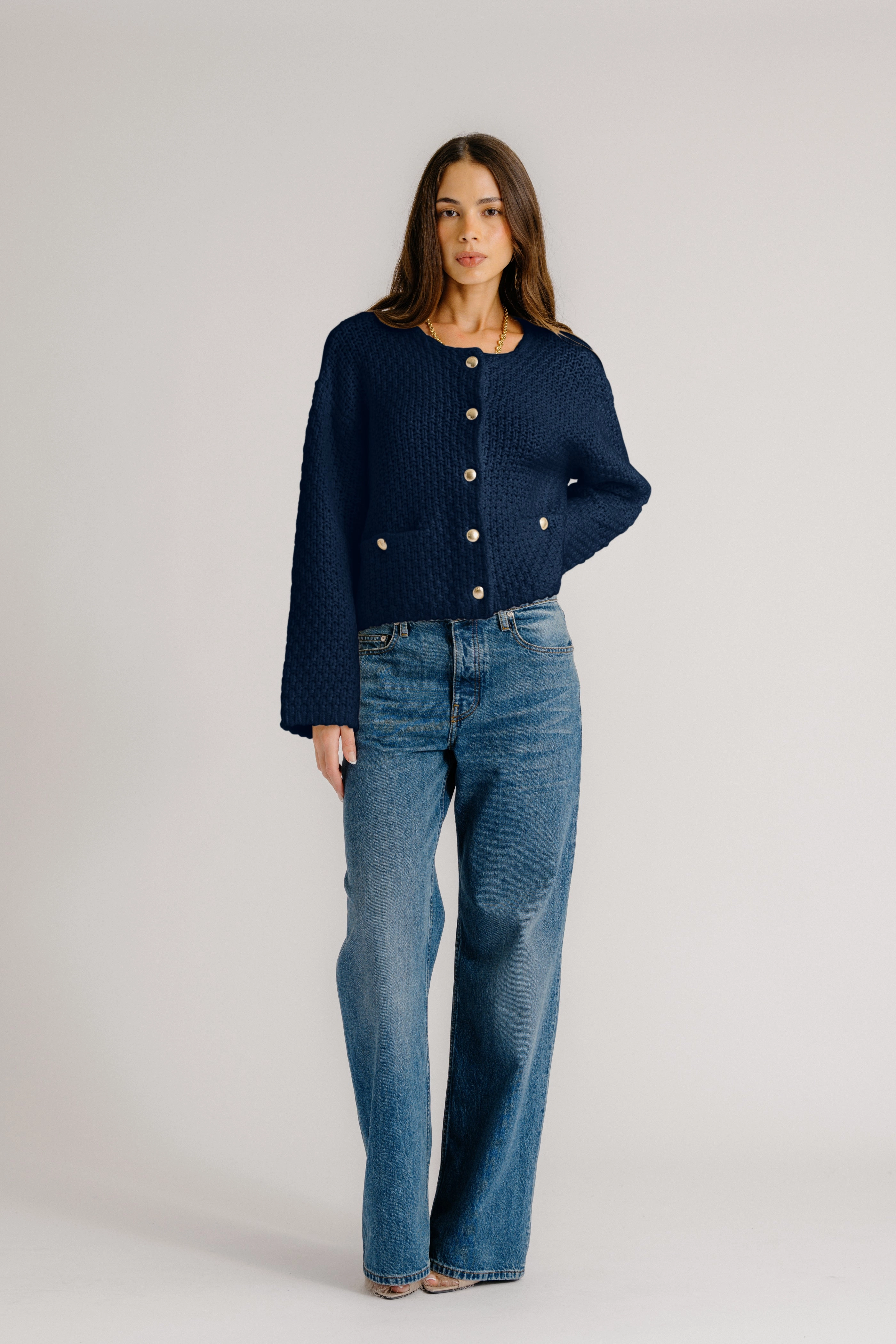 Premium Protection CHARLENE CASHMERE CROPPED WELT POCKET JACKET | MIDNIGHT NAVY