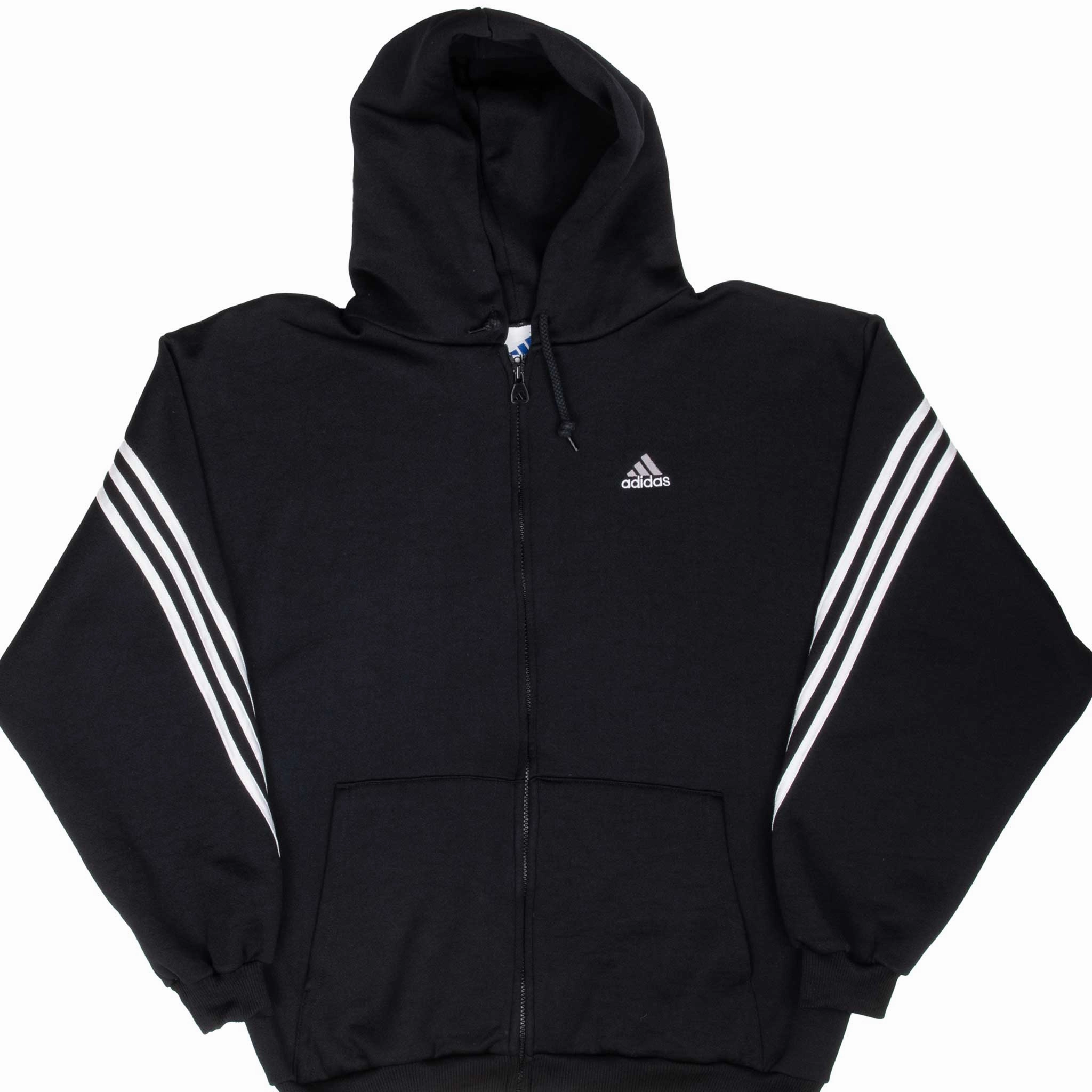 VINTAGE ADIDAS BLACK HOODED TRACK JACKET 1990S SMALL MADE IN USA Windproof Closure