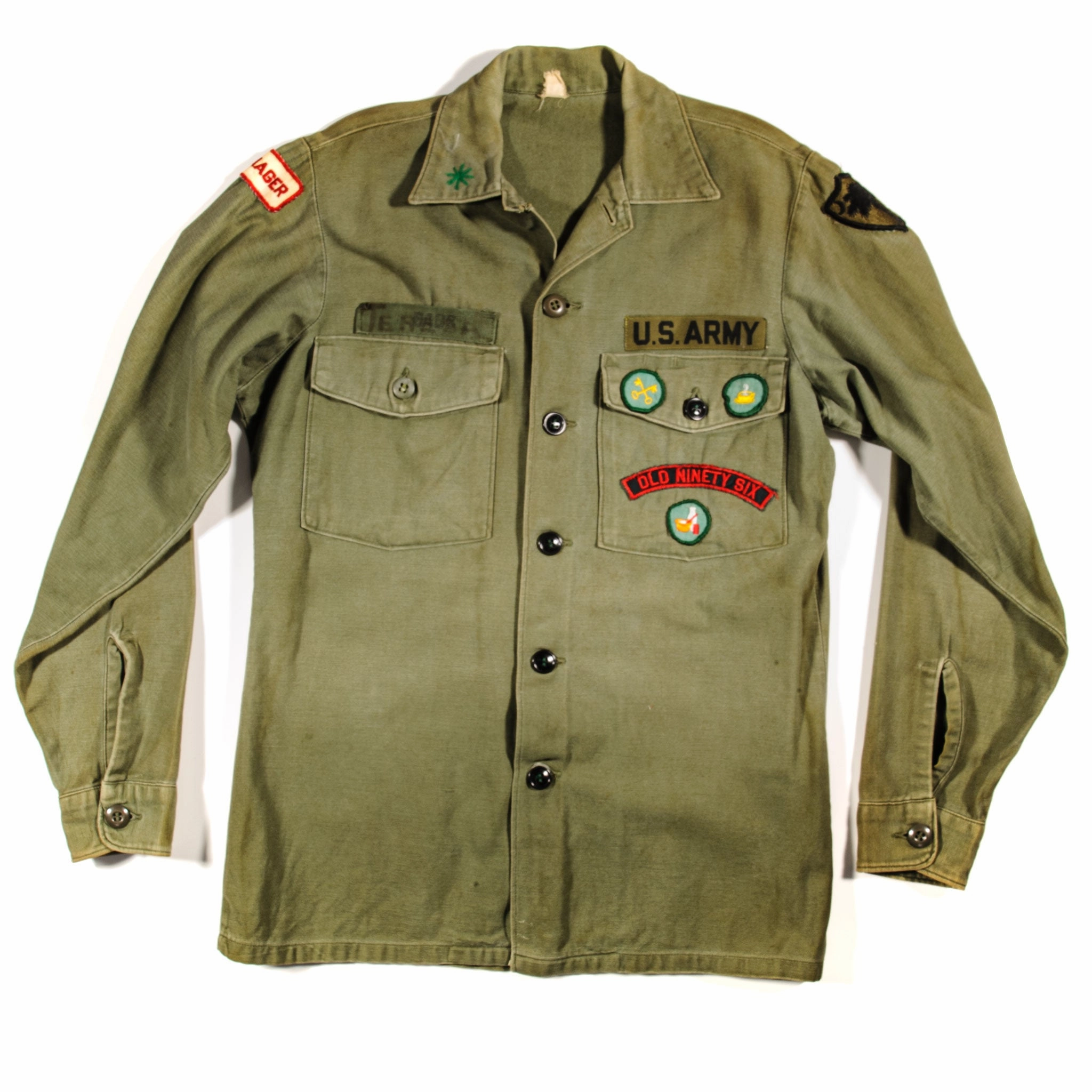 US ARMY UTILITY SHIRT P64 1967 SOUTH CAROLINA NATIONAL GUARD OLD NINETY SIX MANAGER PATCHED team wear product tie dye uniqueness