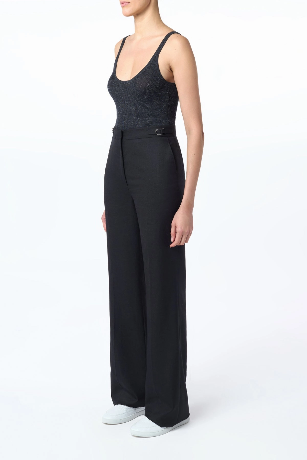 Quick Layering Versatile Comfort Wear Vesta Flared Pant in Black Virgin Wool Silk with Linen