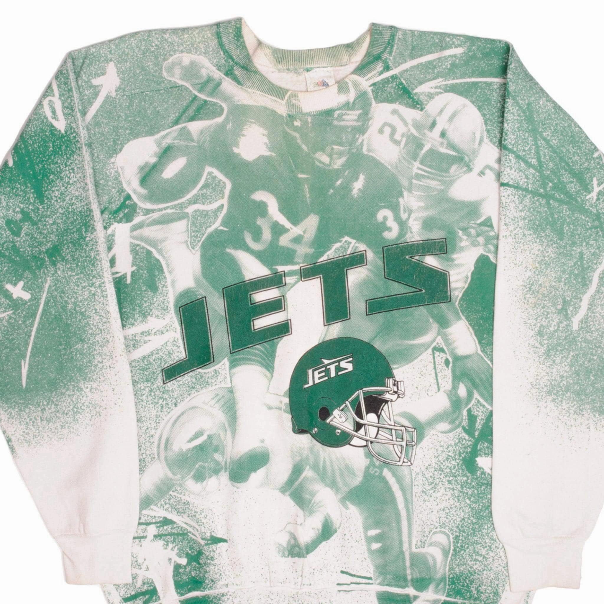 VINTAGE ALL OVER PRINT NFL NY JETS SWEATSHIRT SIZE XL MADE IN USA 1990s Travel Companion