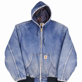 VINTAGE CARHARTT DENIM HOODED ACTIVE JACKET 1990S SIZE XL MADE IN USA Recognize runway show