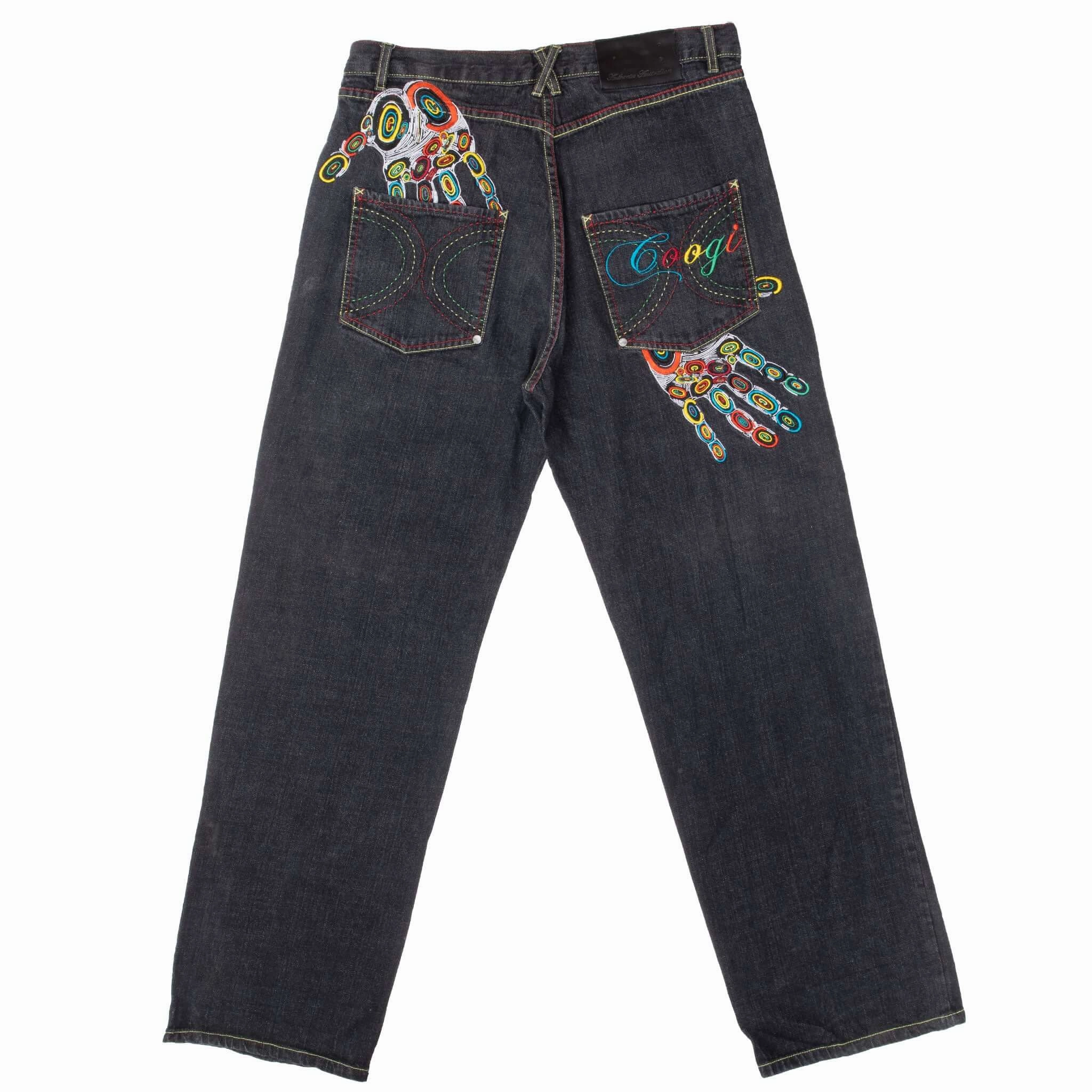 VINTAGE COOGI EMBROIDERED BLACK DENIM JEANS 2000S SIZE 35X33 Comfortable Waistband Core Layer