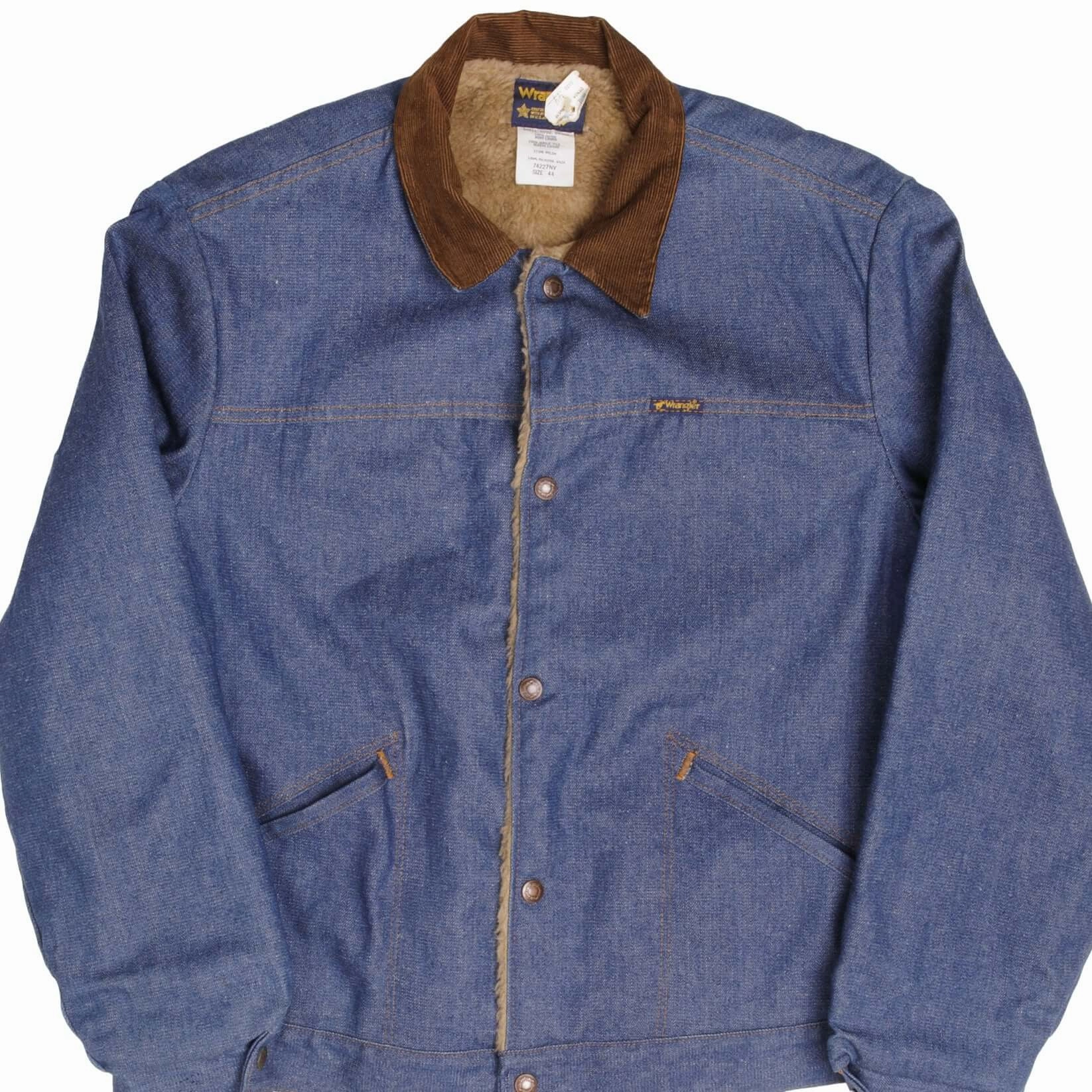 VINTAGE DEADSTOCK WRANGLER FUR LINED DENIM JACKET 1970S SIZE 44 MADE IN USA Bold Lines