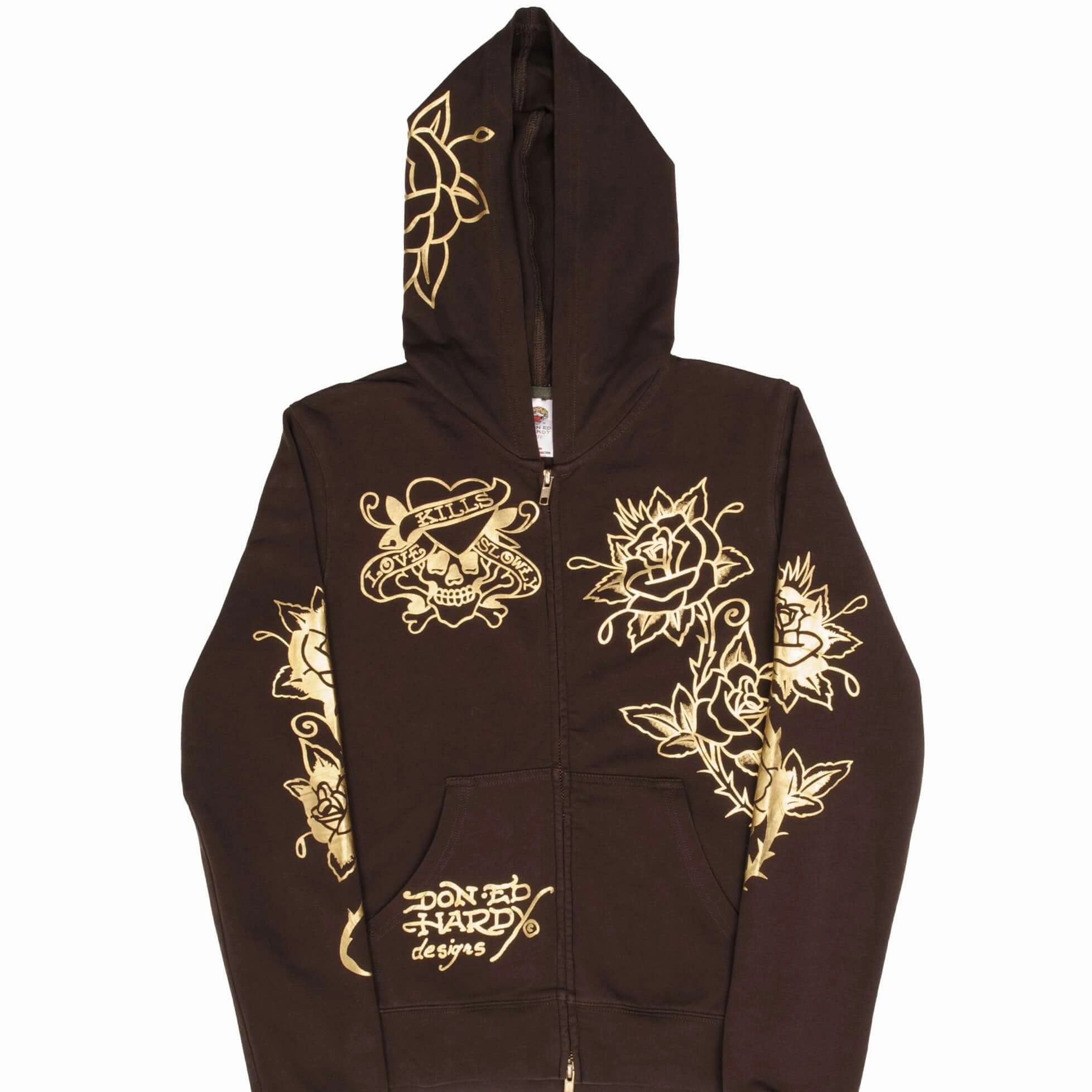 VINTAGE ED HARDY RHINESTONES FULL ZIP HOODIE SWEATSHIRT 2000S SIZE WOMEN LARGE Animal Print Casual Hoodie