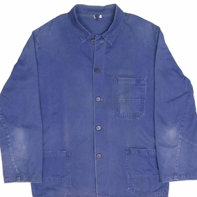 VINTAGE FRENCH WORKWEAR TWILL HERRINGBONE HBT JACKET 1970S SIZE LARGE Ornamental Taped Neckline Seams