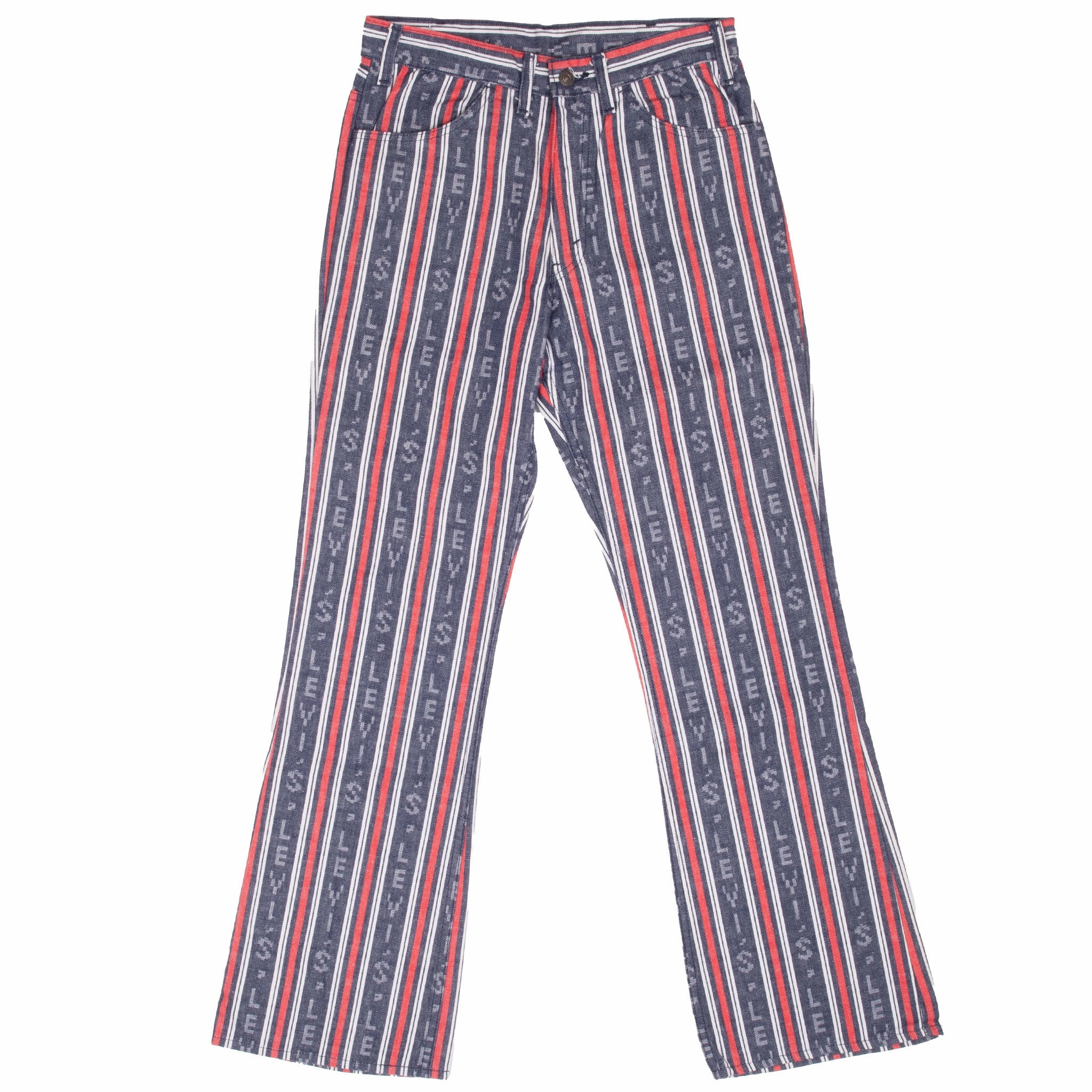 VINTAGE LEVIS LOGO STRIPED BIG E JEANS INDIGO 1970S SIZE 30X32 MADE IN USA Responsible Denim Production Casual Element