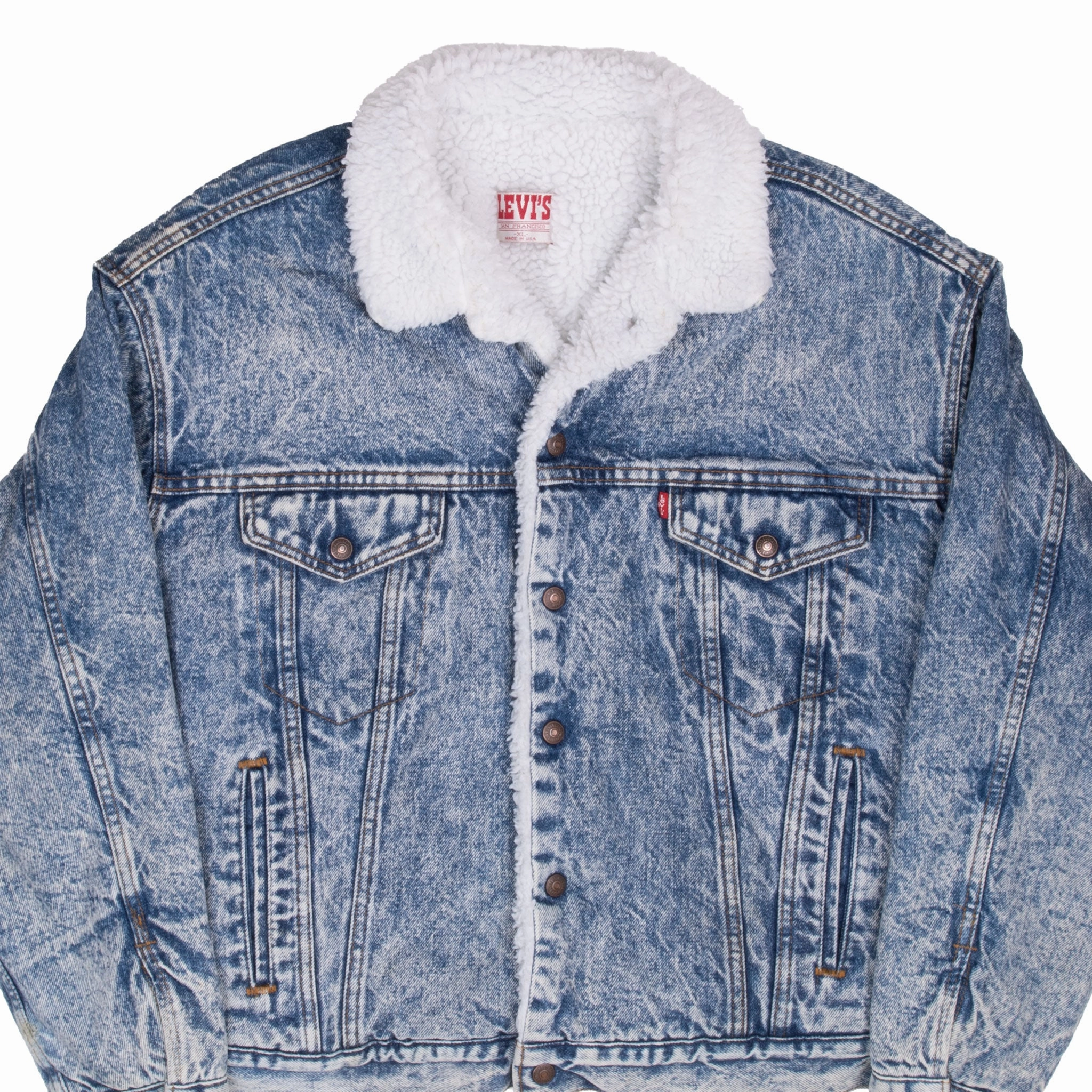 VINTAGE LEVIS SHERPA TRUCKER BLUE DENIM JACKET 1980S XL MADE IN USA Authorize belt