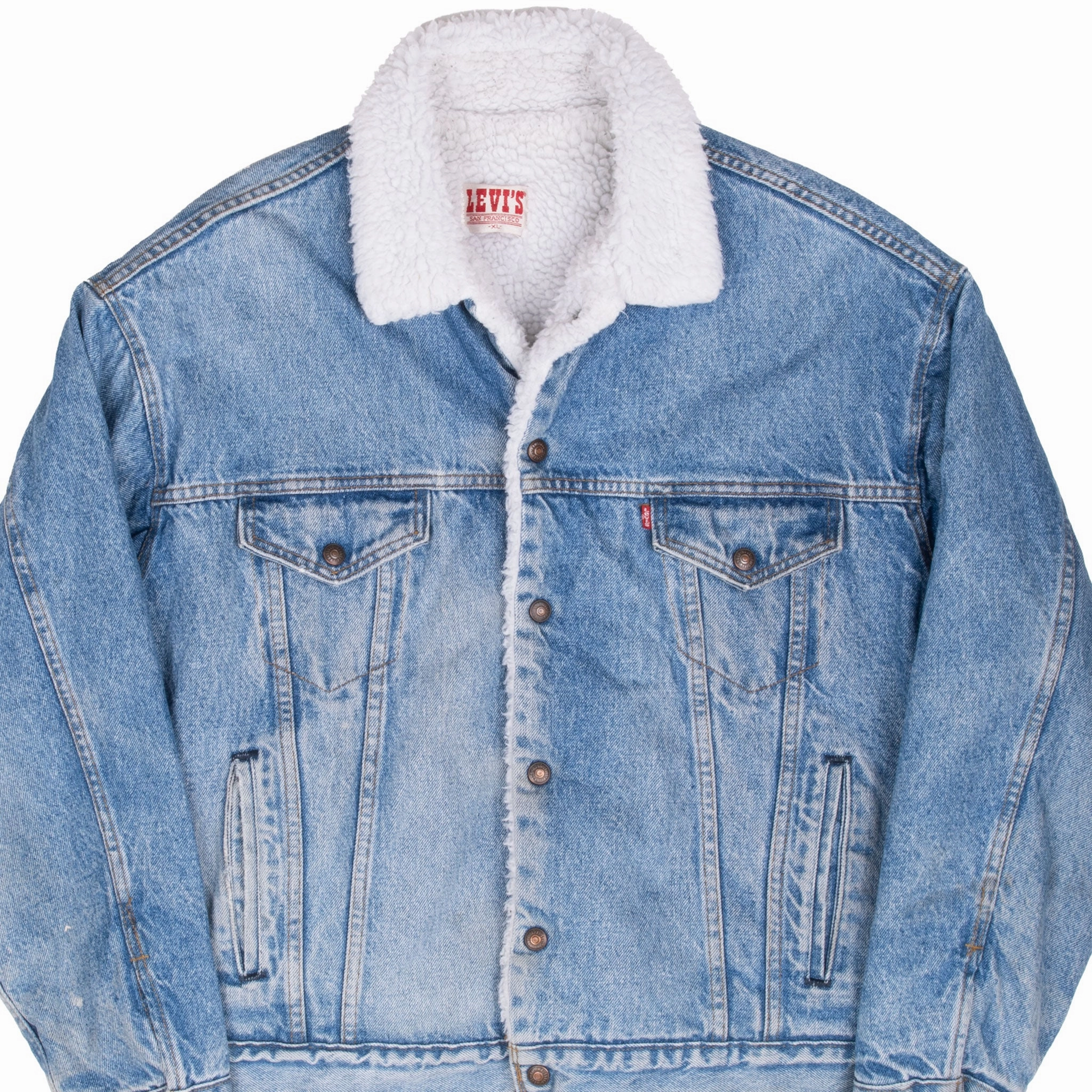 Double Layered Edges Winter Wear VINTAGE LEVIS SHERPA TRUCKER BLUE DENIM JACKET 1980S XL MADE IN USA