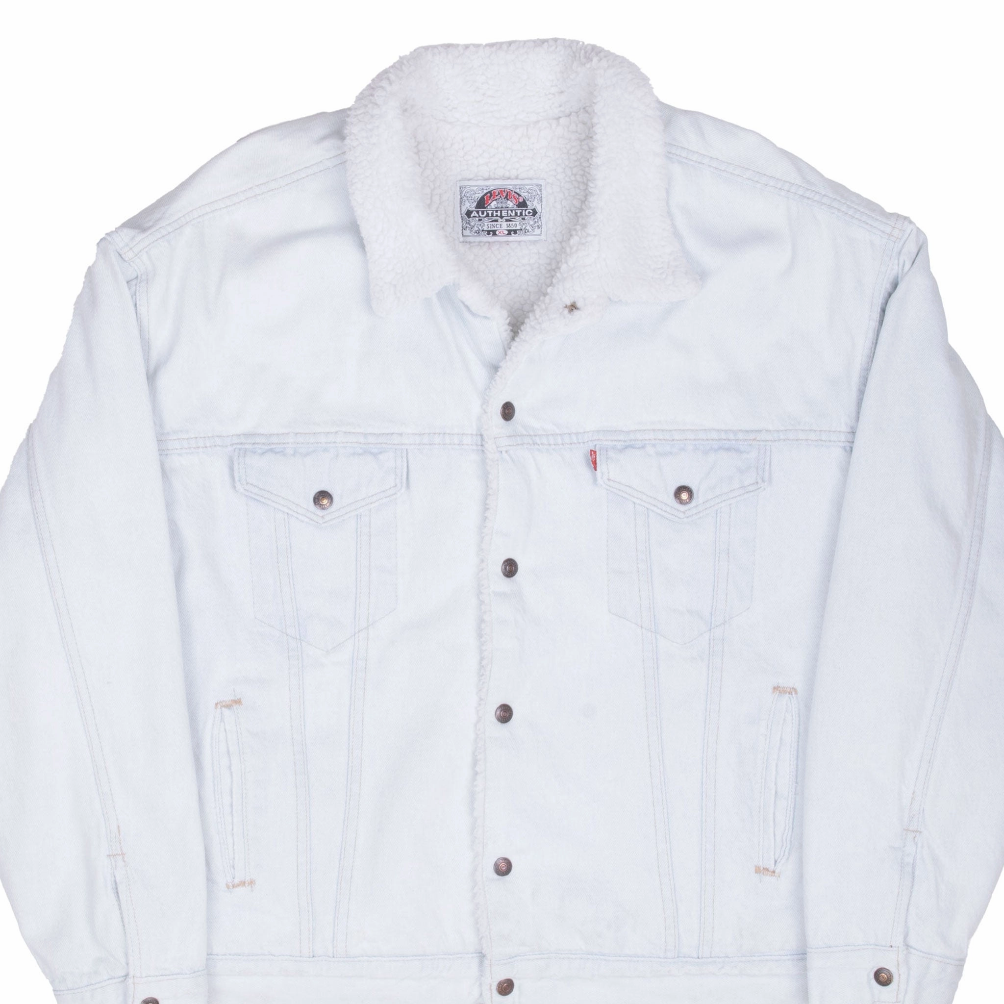 VINTAGE LEVIS SHERPA TRUCKER BLUE LIGHT WASH DENIM JACKET 1980S XL MADE IN USA gift - giving option Bestow