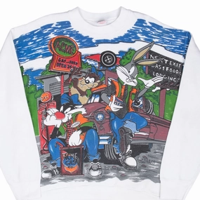 Fleece Lining VINTAGE LOONEY TUNES ACME GAS ALL OVER PRINT SWEATSHIRT 1994 LARGE
