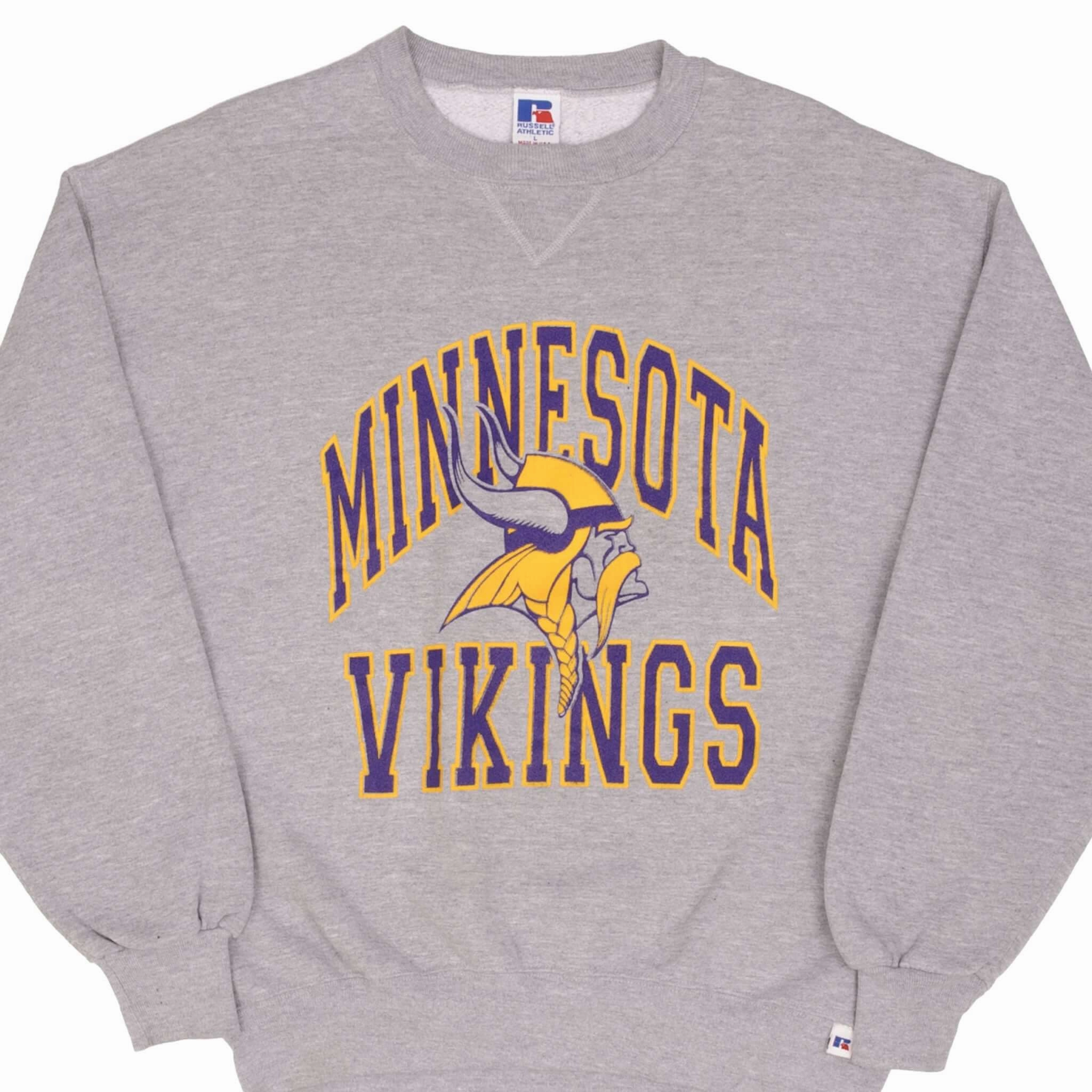 VINTAGE NFL MINNESOTA VIKINGS GREY RUSSEL SWEATSHIRT 1990S LARGE MADE IN USA Stylish Essentials