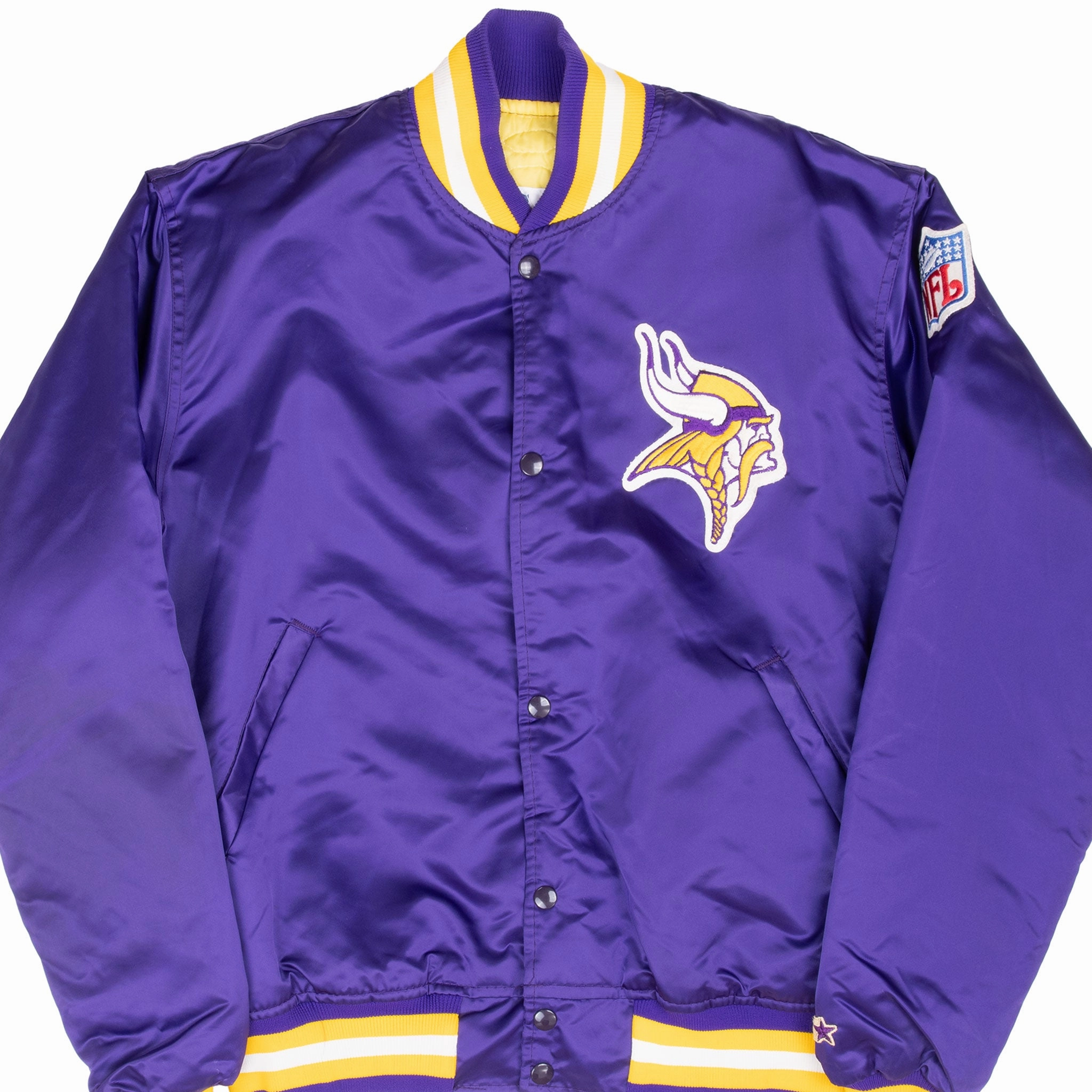 VINTAGE NFL MINNESOTA VIKINGS SATIN STARTER BOMBER JACKET 1990S LARGE MADE USA Reinforced Seams Heat Regulating Technology