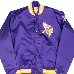 VINTAGE NFL MINNESOTA VIKINGS SATIN STARTER BOMBER JACKET 1990S LARGE MADE USA Reinforced Seams Heat Regulating Technology