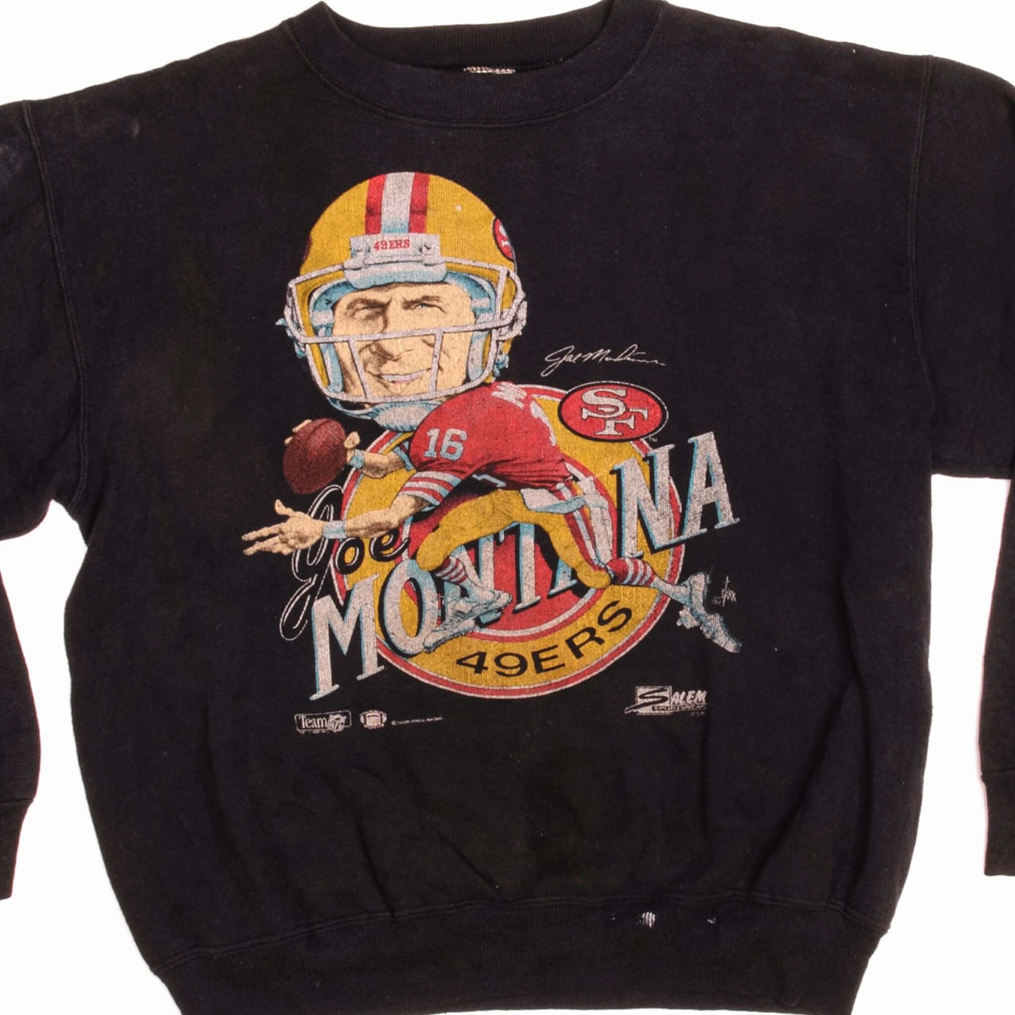 VINTAGE NFL SAN FRANCISCO 49ERS JOE MONTANA SWEATSHIRT 90s SIZE SMALL MADE IN USA product herringbone texture Chilly Weather