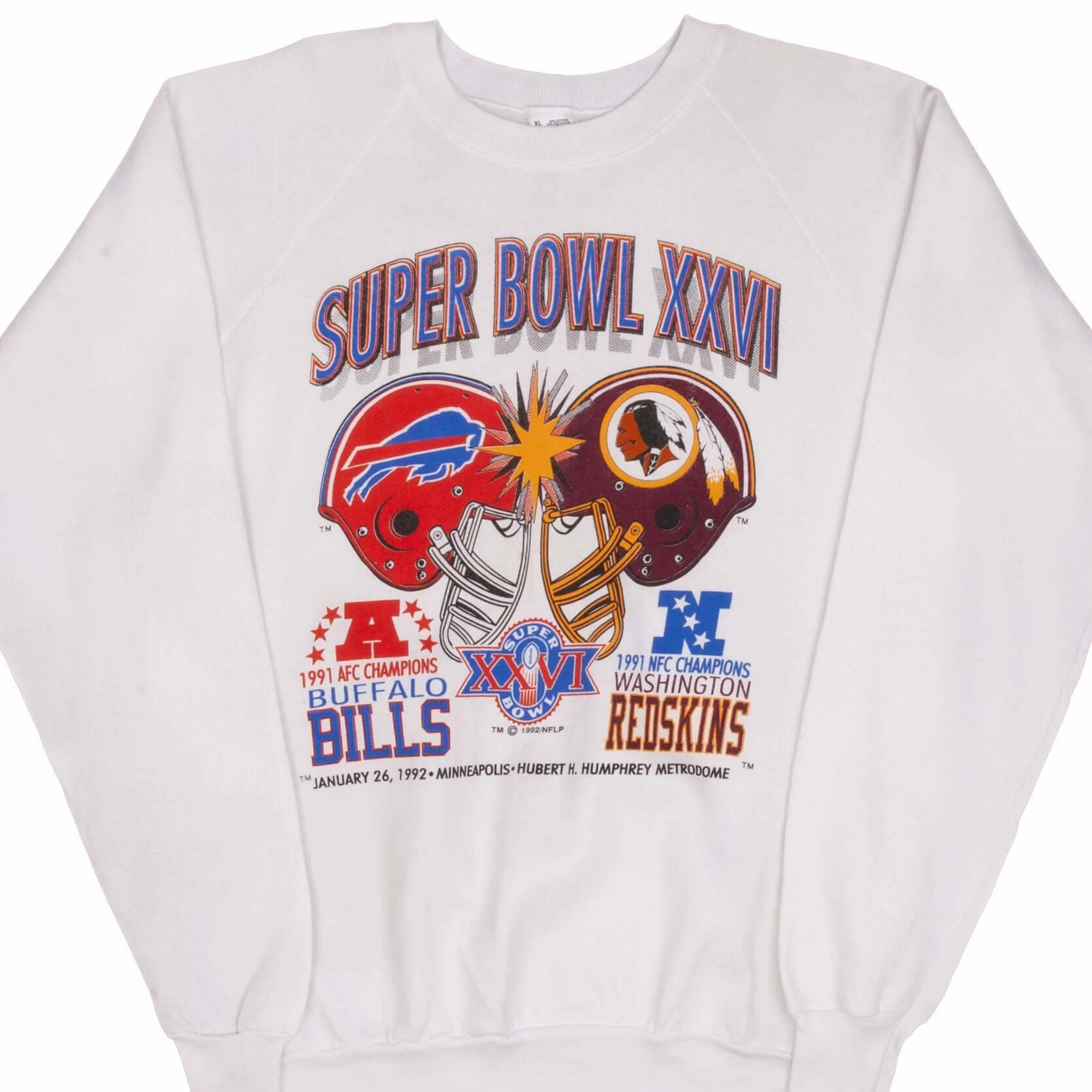 VINTAGE NFL SUPER BOWL BILLS VS REDSKINS SWEATSHIRT 1992 LARGE MADE IN USA Best-selling