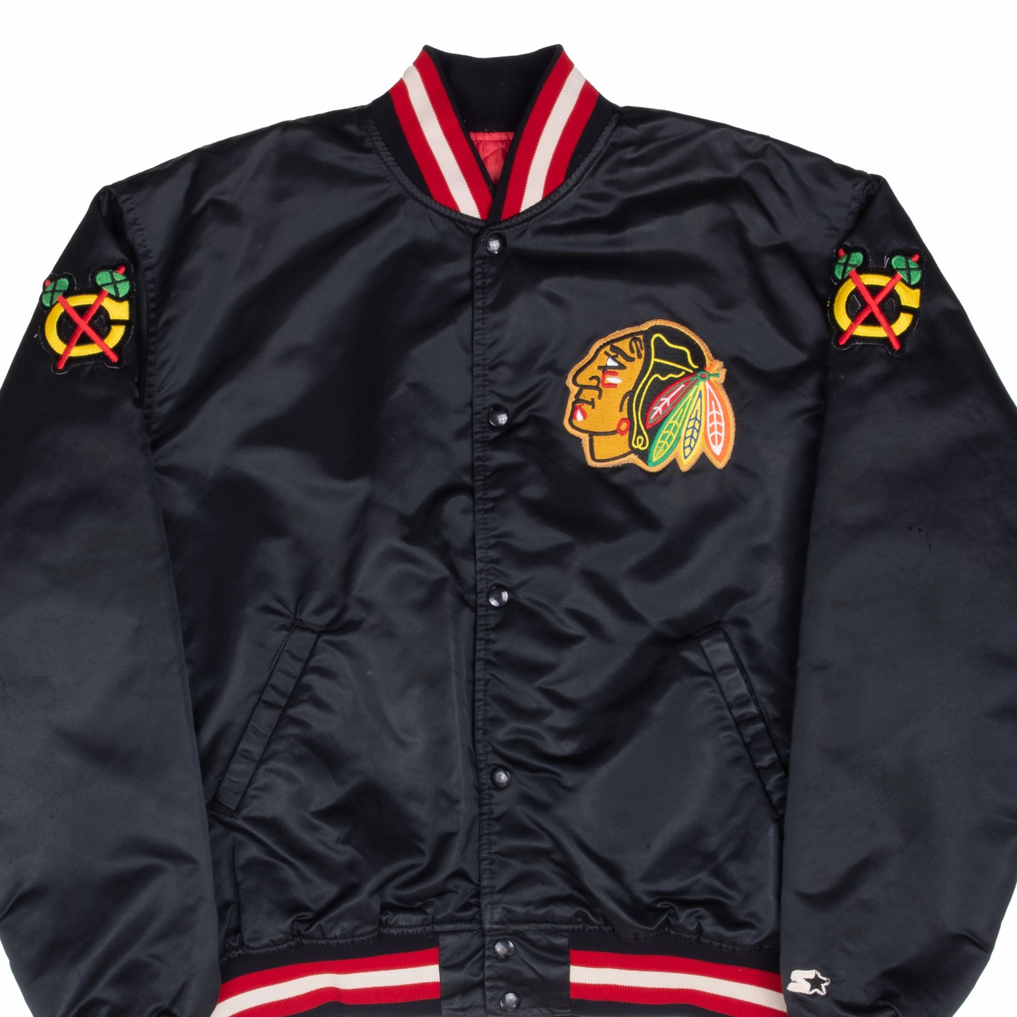 VINTAGE NHL CHICAGO BLACKHAWK STARTER SATIN BOMBER JACKET 1990S XL MADE IN USA release Cold Guard