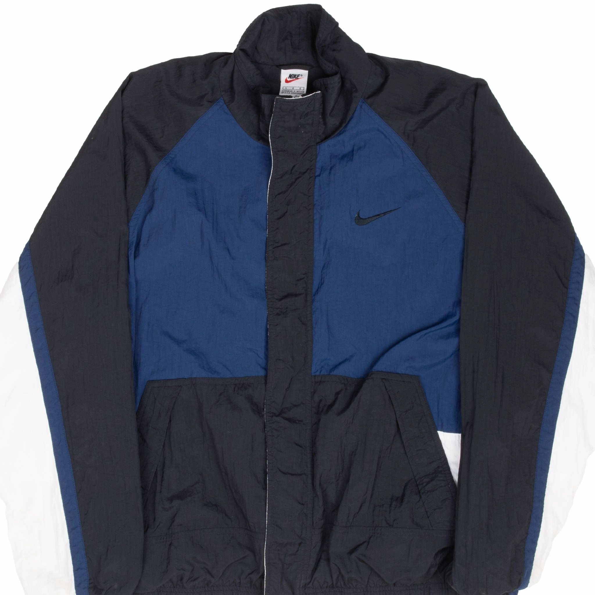 Maximize VINTAGE NIKE BIG SWOOSH BLUE BLACK WINDBREAKER JACKET 1990S LARGE