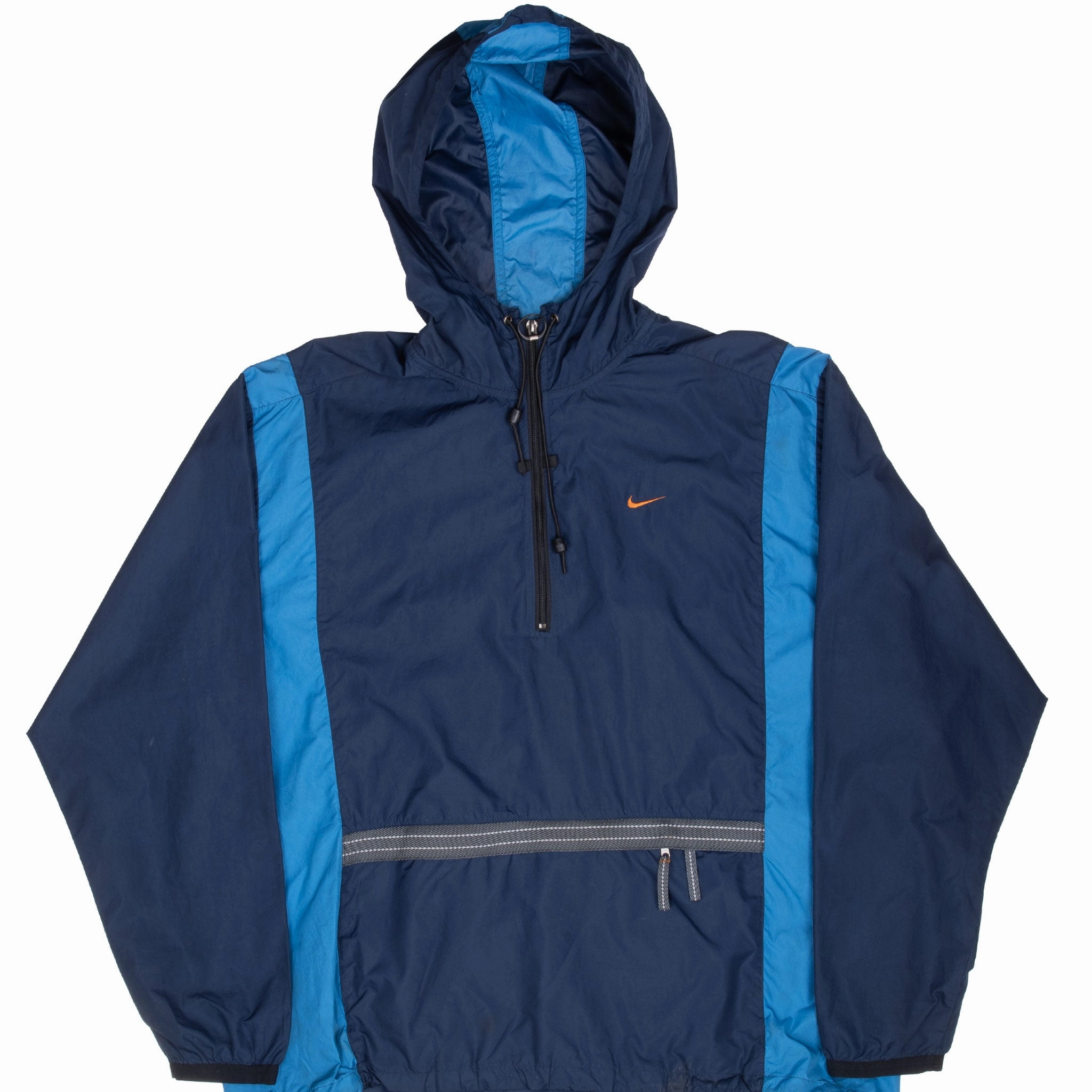 VINTAGE NIKE CLASSIC SWOOSH BLUE PULLOVER WINDBREAKER HOODED JACKET 1990S XL Cold Weather Prevent