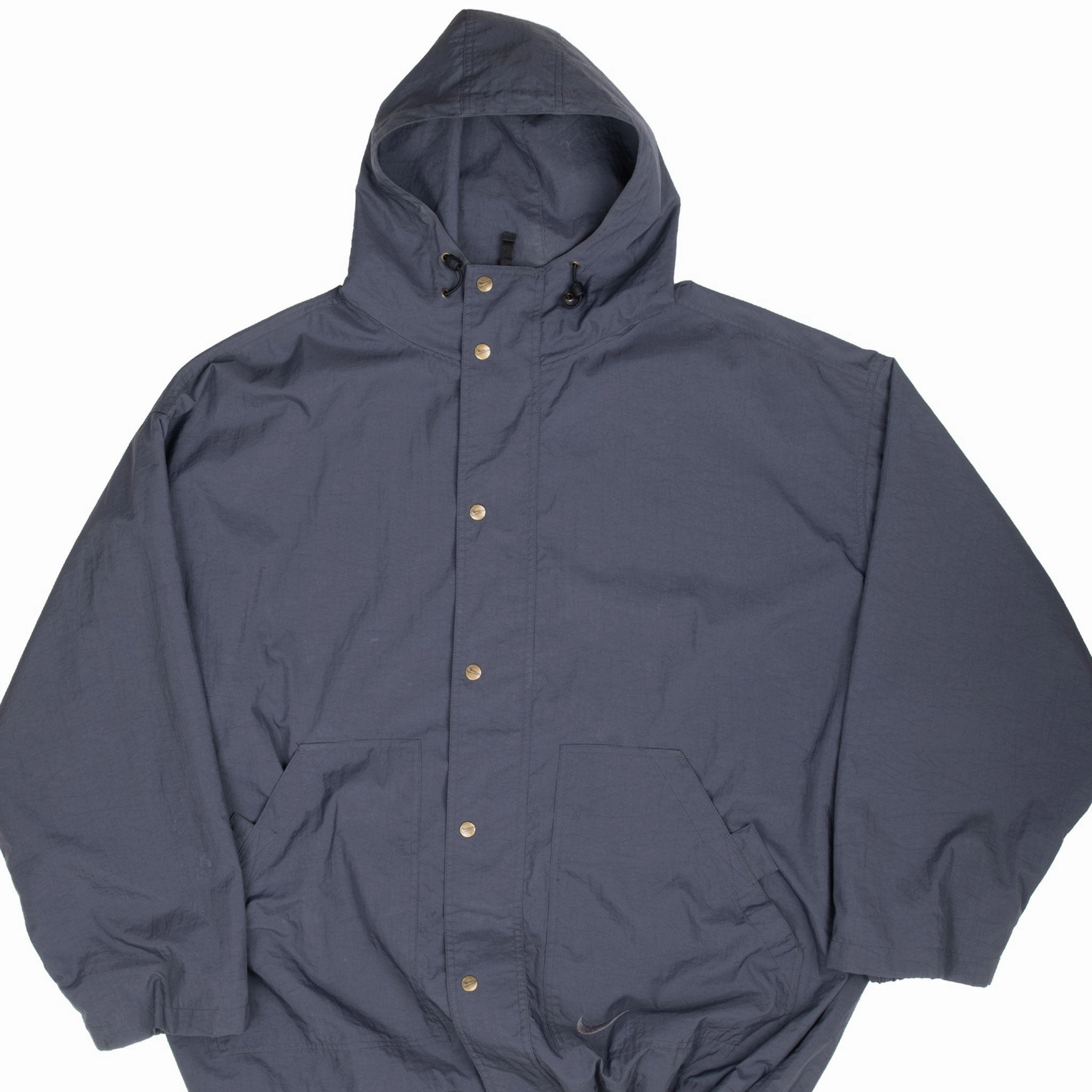 VINTAGE NIKE DARK GREY HOODED WINDBREAKER JACKET 1990S 2XL Quilted Stitching foldable