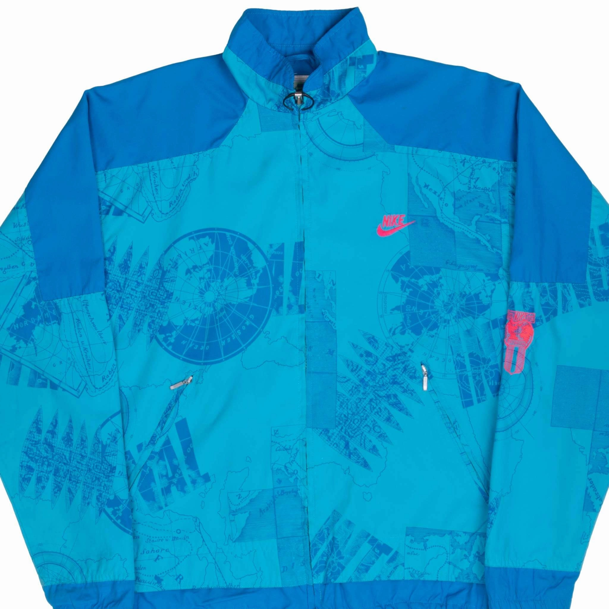 VINTAGE NIKE INTERNATIONAL ALL OVER PRINT BLUE WINDBREAKER JACKET 1990S MEDIUM Inspire Magnetic Closures