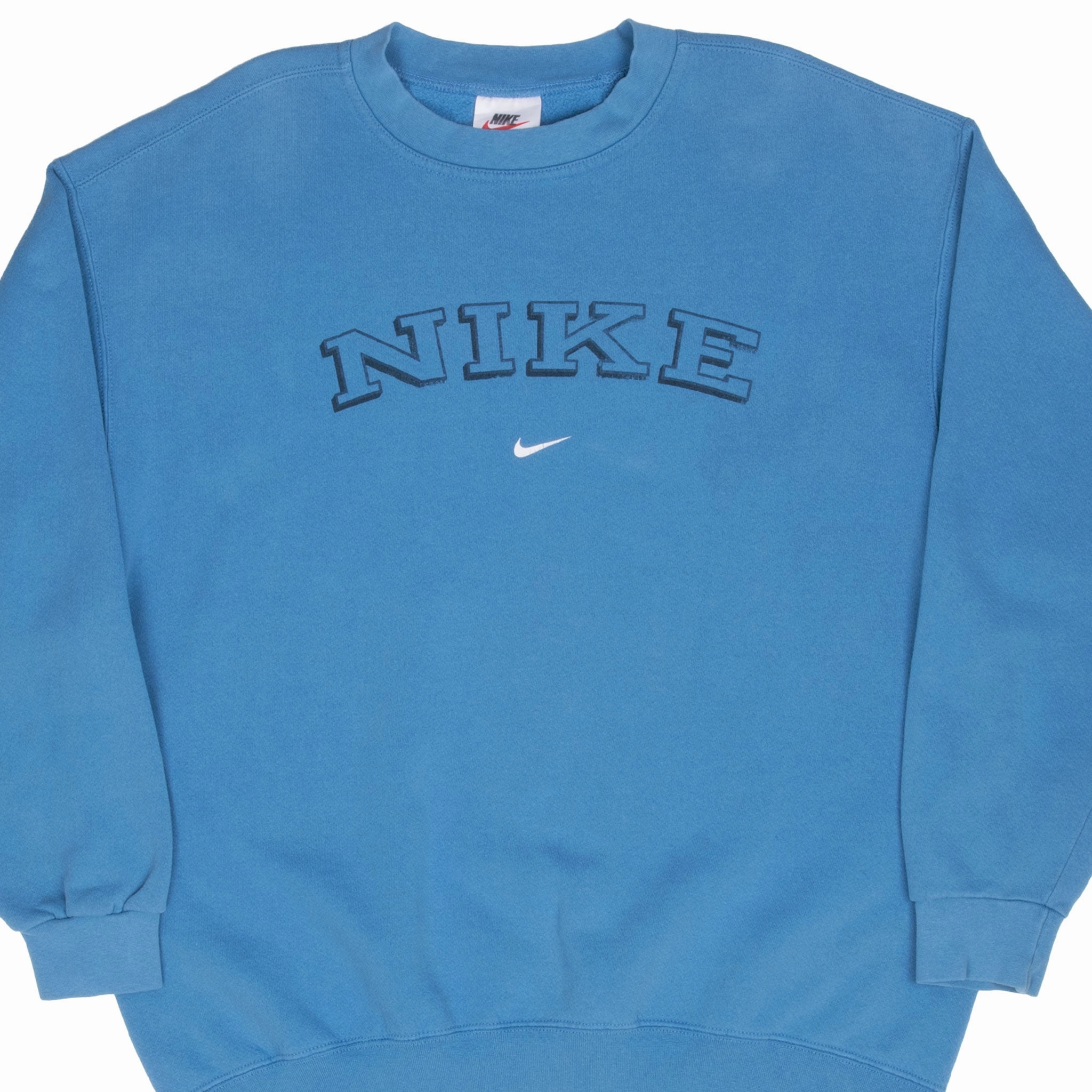 Core Style watch accents VINTAGE NIKE SPELLOUT SWOOSH BLUE SWEATSHIRT 1990S SIZE LARGE MADE IN USA