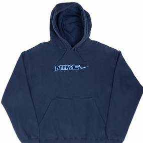 Street Style Daily Fit VINTAGE NIKE SPELLOUT SWOOSH NAVY BLUE HOODIE SWEATSHIRT 2000S XL