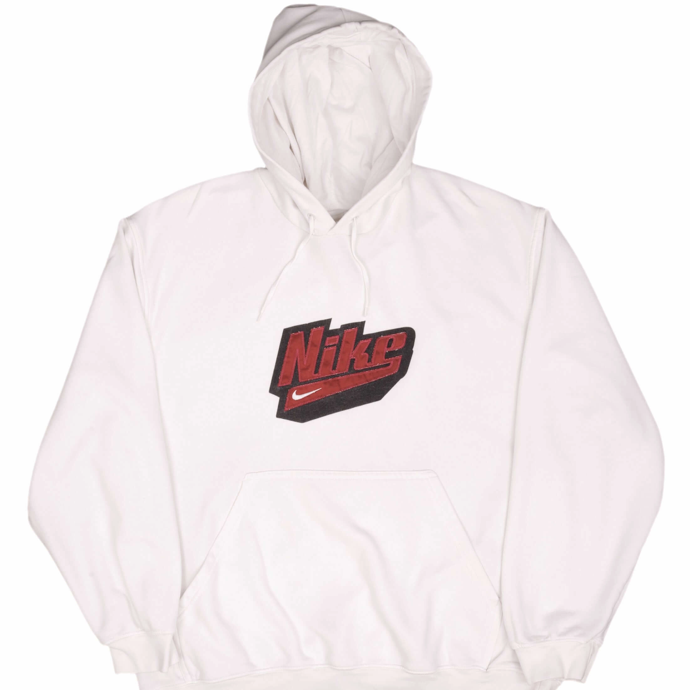 goes with skirts VINTAGE NIKE SPELLOUT SWOOSH WHITE HOODIE SWEATSHIRT 2000S SIZE XL