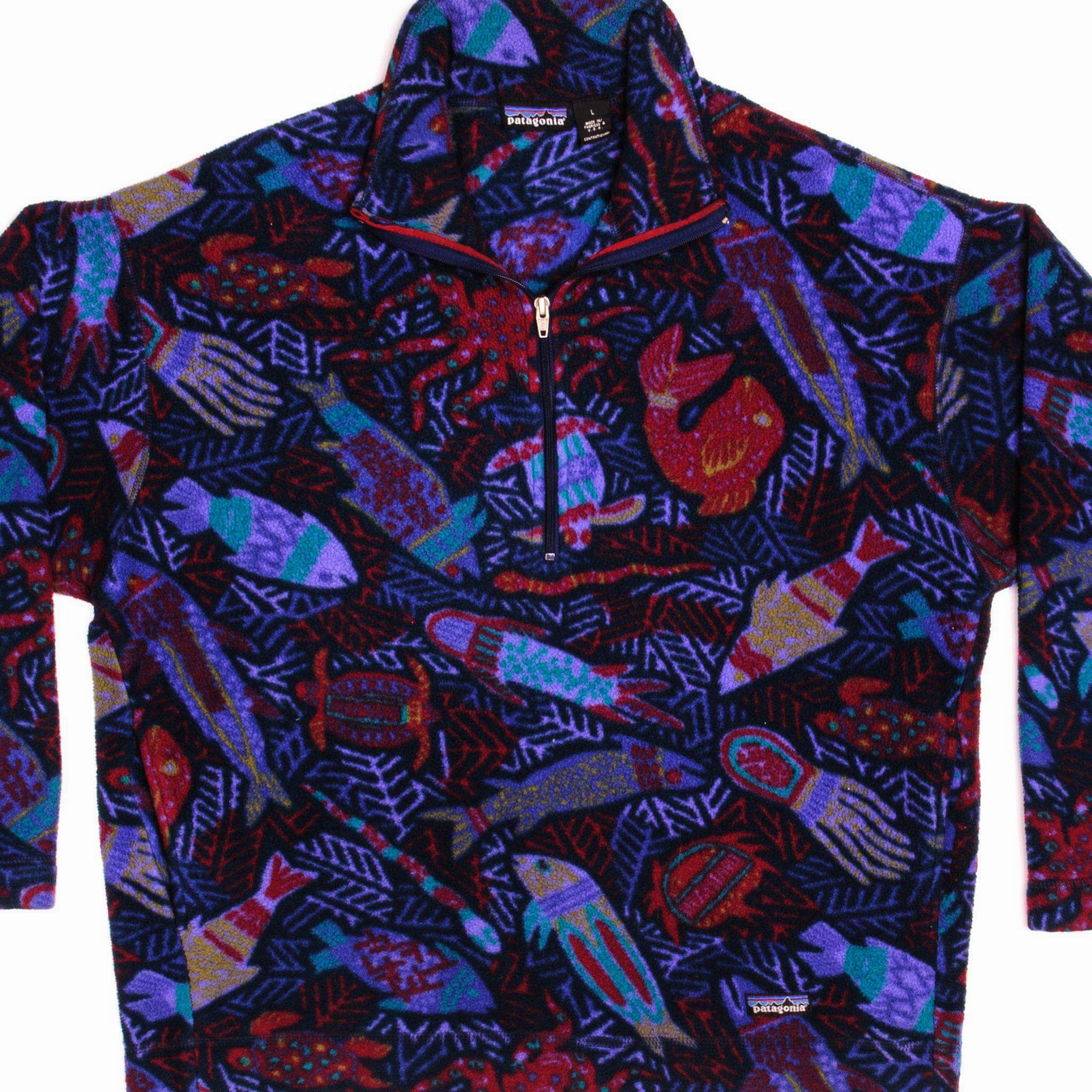 VINTAGE PATAGONIA SEA CREATURE FLEECE QUARTER ZIP SWEATSHIRT 1990s SIZE LARGE MADE IN USA Travel Sporty Travel Active