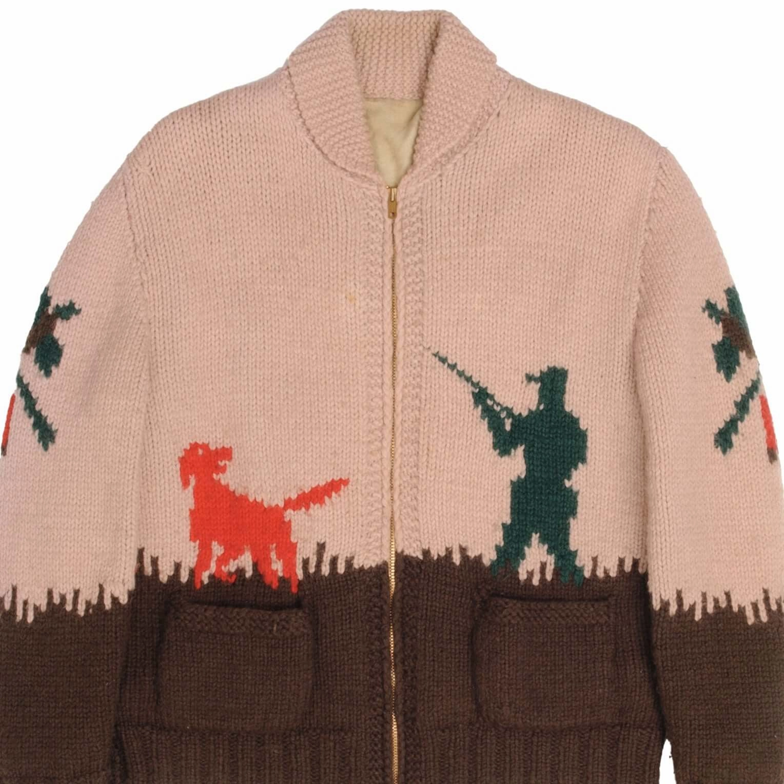 Insulated Wear VINTAGE PHEASANT HUNTING WOOL KNIT COWICHAN CARDIGAN JACKET LARGE 1960s