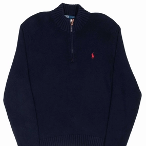 Sustainable Sporty apparel VINTAGE POLO RALPH LAUREN NAVY BLUE KNIT QUARTER 1/4 ZIP SWEATER 1990S LARGE
