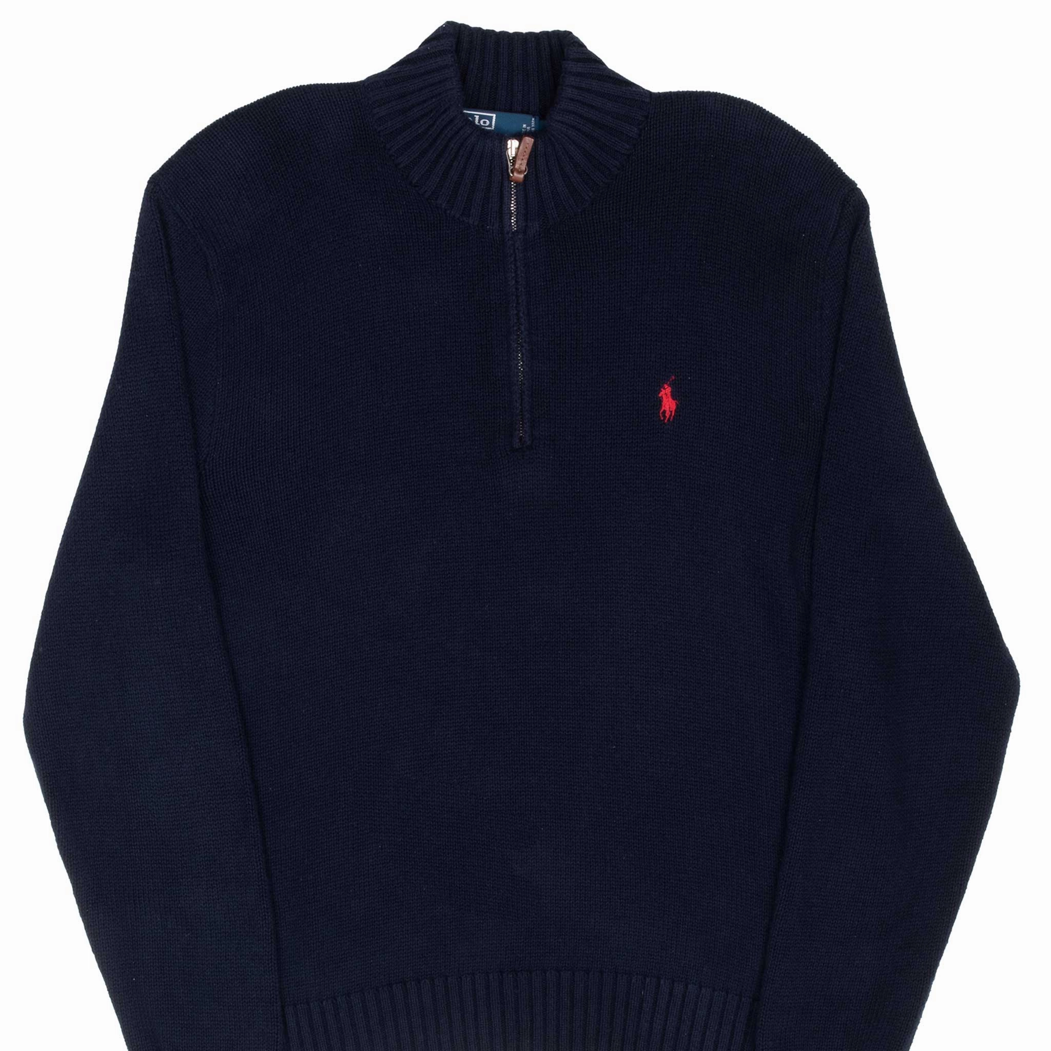 Sustainable Sporty apparel VINTAGE POLO RALPH LAUREN NAVY BLUE KNIT QUARTER 1/4 ZIP SWEATER 1990S LARGE