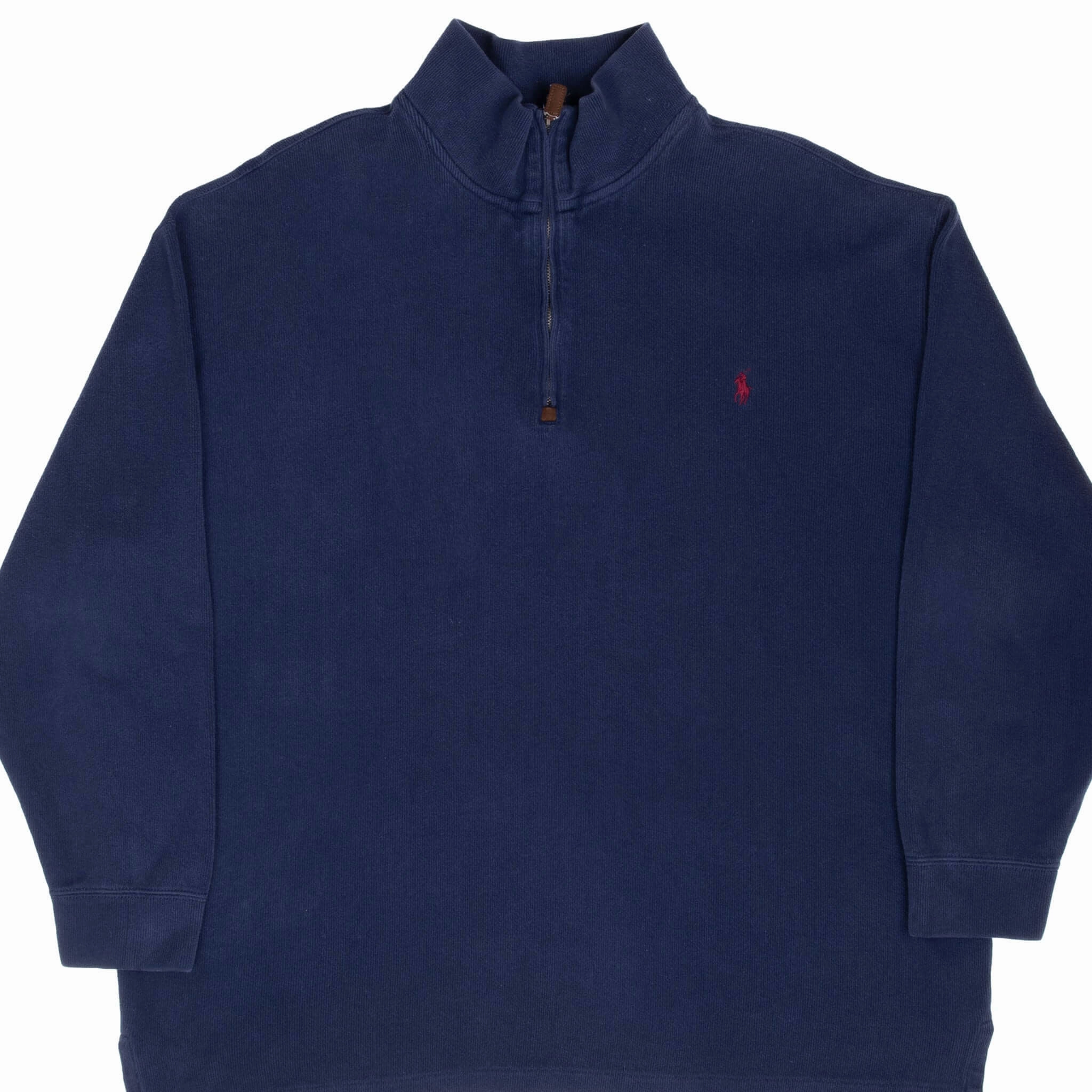 fade resistance VINTAGE POLO RALPH LAUREN NAVY BLUE QUARTER 1/4 ZIP SWEATER 1990S 2XL BIG