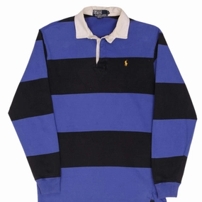 Outdoor Relaxed All Season Wear VINTAGE RALPH LAUREN BLACK & BLUE STRIPED RUGBY POLO SHIRT 1990S LARGE MADE USA