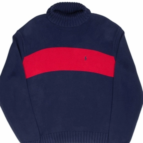product satin lining luxury VINTAGE RALPH LAUREN BLUE & RED TURTLE NECK KNIT SWEATER XL 1990S