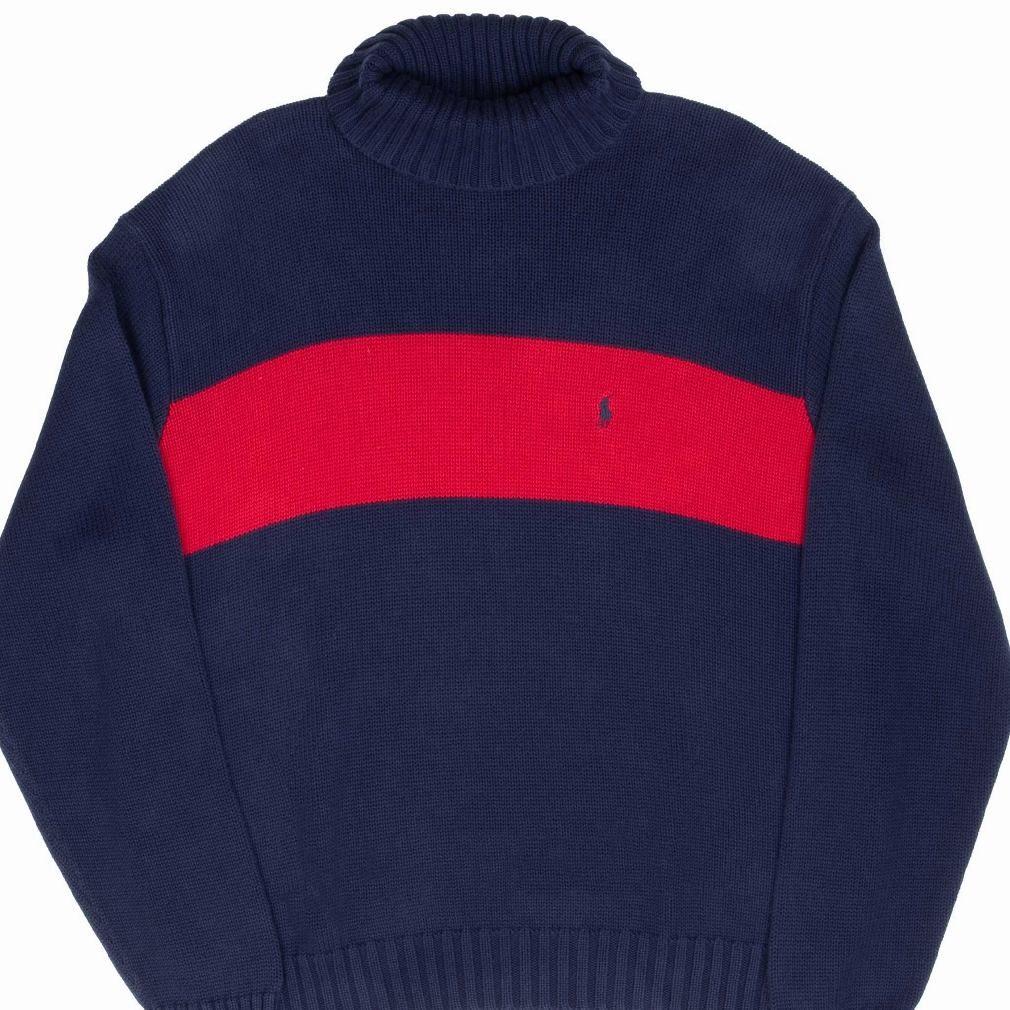 product satin lining luxury VINTAGE RALPH LAUREN BLUE & RED TURTLE NECK KNIT SWEATER XL 1990S