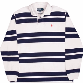 VINTAGE RALPH LAUREN BLUE & WHITE STRIPED RUGBY POLO SHIRT 1990S SIZE LARGE product brooch style packable