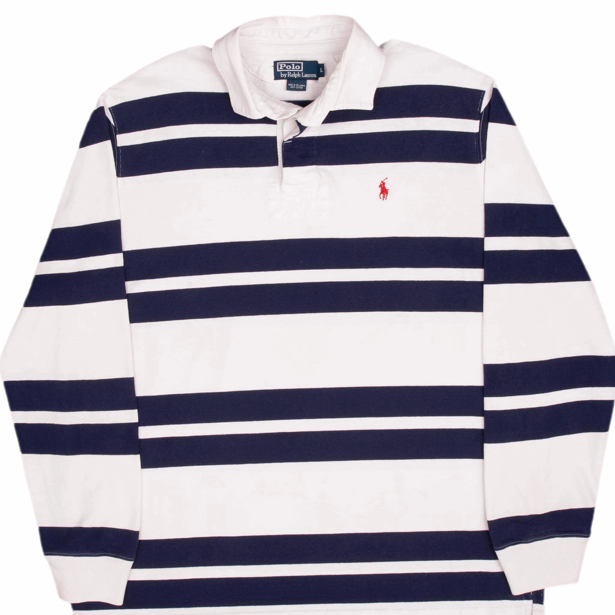 VINTAGE RALPH LAUREN BLUE & WHITE STRIPED RUGBY POLO SHIRT 1990S SIZE LARGE product brooch style packable