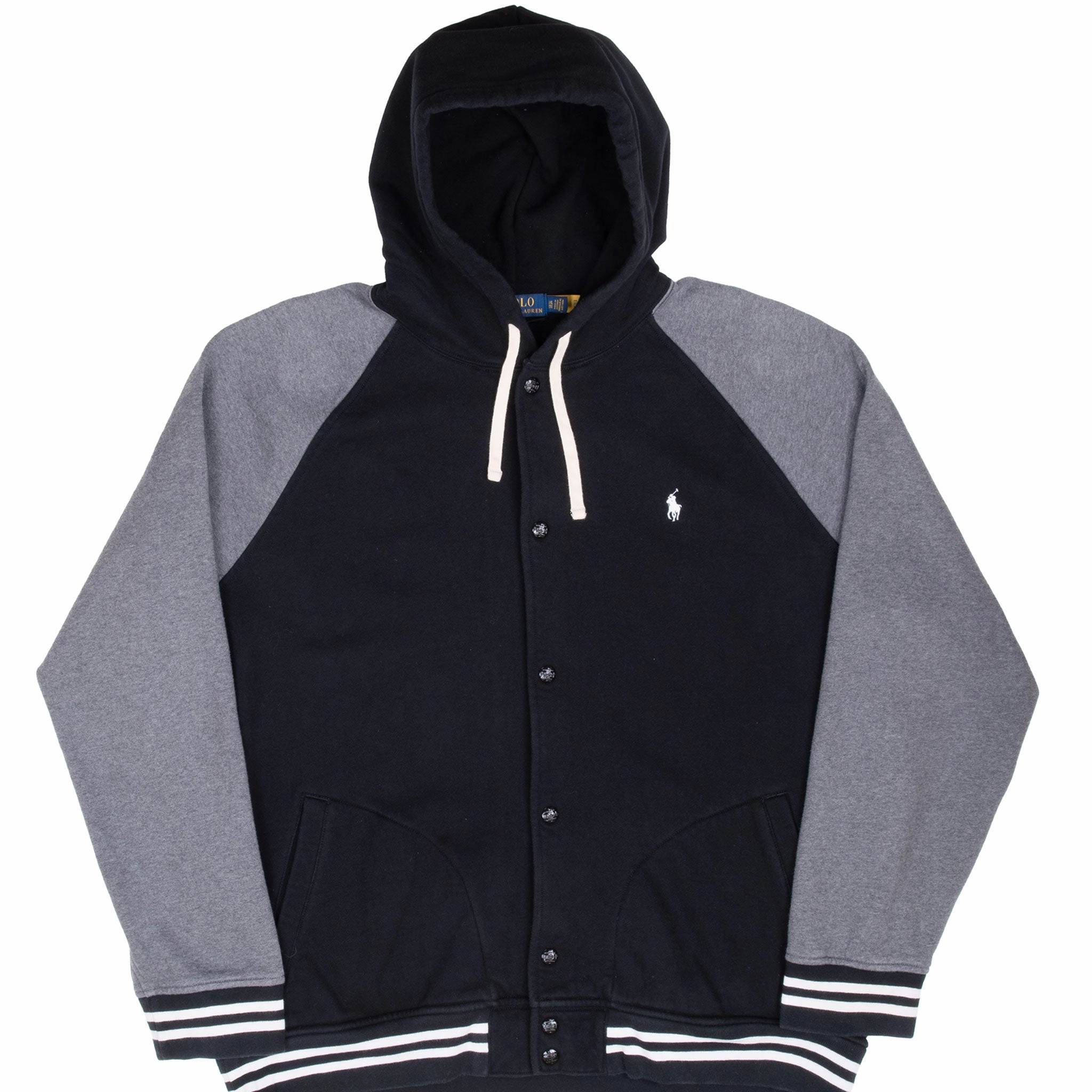 Comfy Apparel VINTAGE RALPH LAUREN BUTTON UP BLACK AND GREY HOODIE SWEATSHIRT 2XL