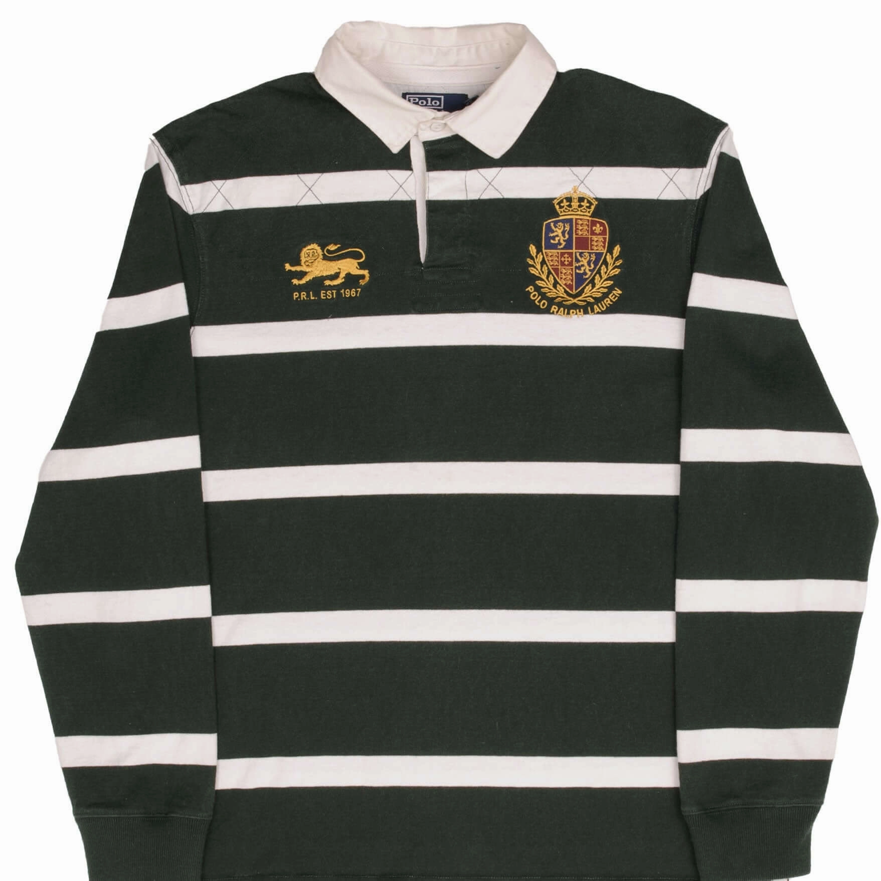 VINTAGE RALPH LAUREN GREEN WHITE STRIPED RUGBY POLO SHIRT 1990S SIZE XL right for spring Color fastness