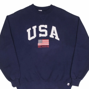 Street Sporty VINTAGE RUSSELL ATHLETIC USA FLAG NAVY BLUE SWEATSHIRT 1990S LARGE MADE IN USA