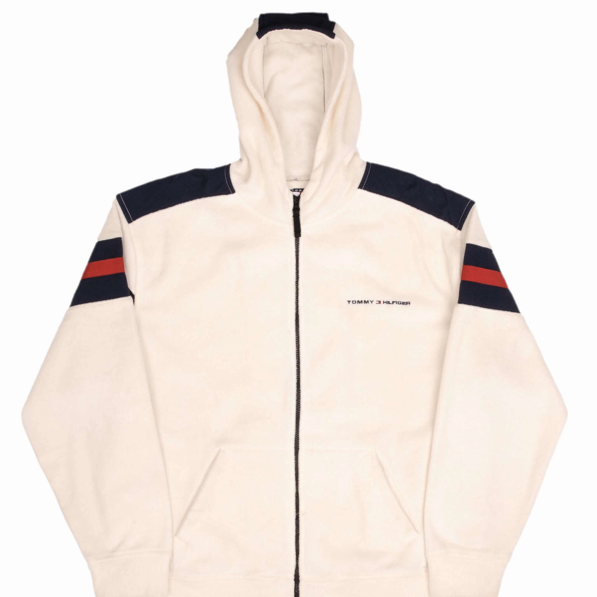 Active Fashion VINTAGE TOMMY HILFIGER BEIGE CREME FLEECE HOODED JACKET 1990S SIZE LARGE