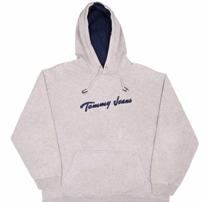 VINTAGE TOMMY HILFIGER JEANS EMBROIDERED GREY HOODIE SWEATSHIRT SIZE LARGE Comfy Apparel
