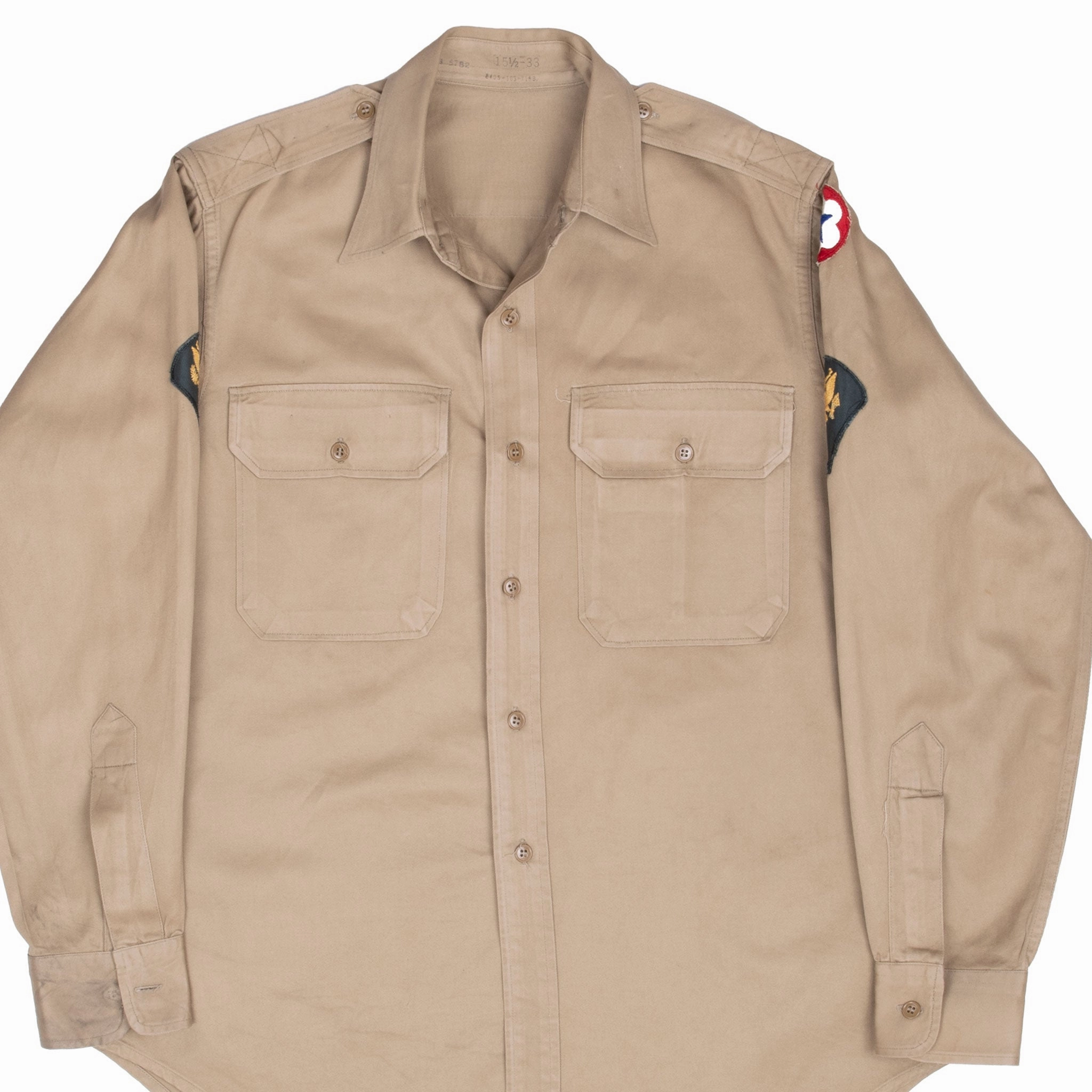 VINTAGE US ARMY OFFICER KHAKI SHIRT PATCHED WW2 SIZE 15 1/2 X 33 Modern Relaxed