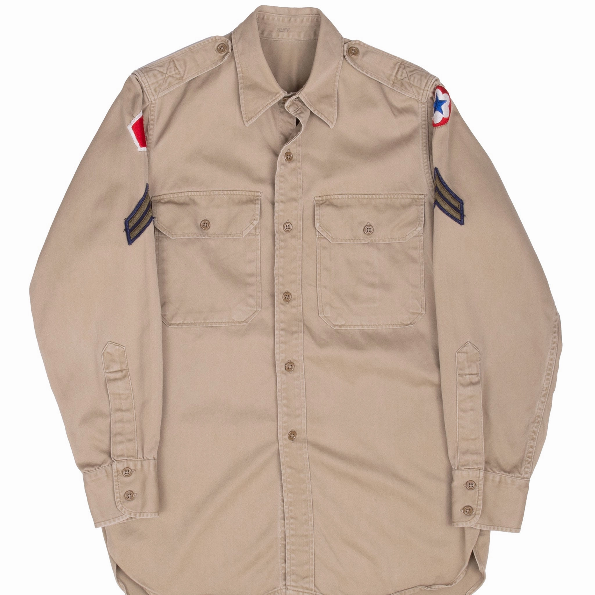 Adventure Ready VINTAGE US ARMY PATCHED KHAKI SHIRT POST WW2 SIZE MEDIUM