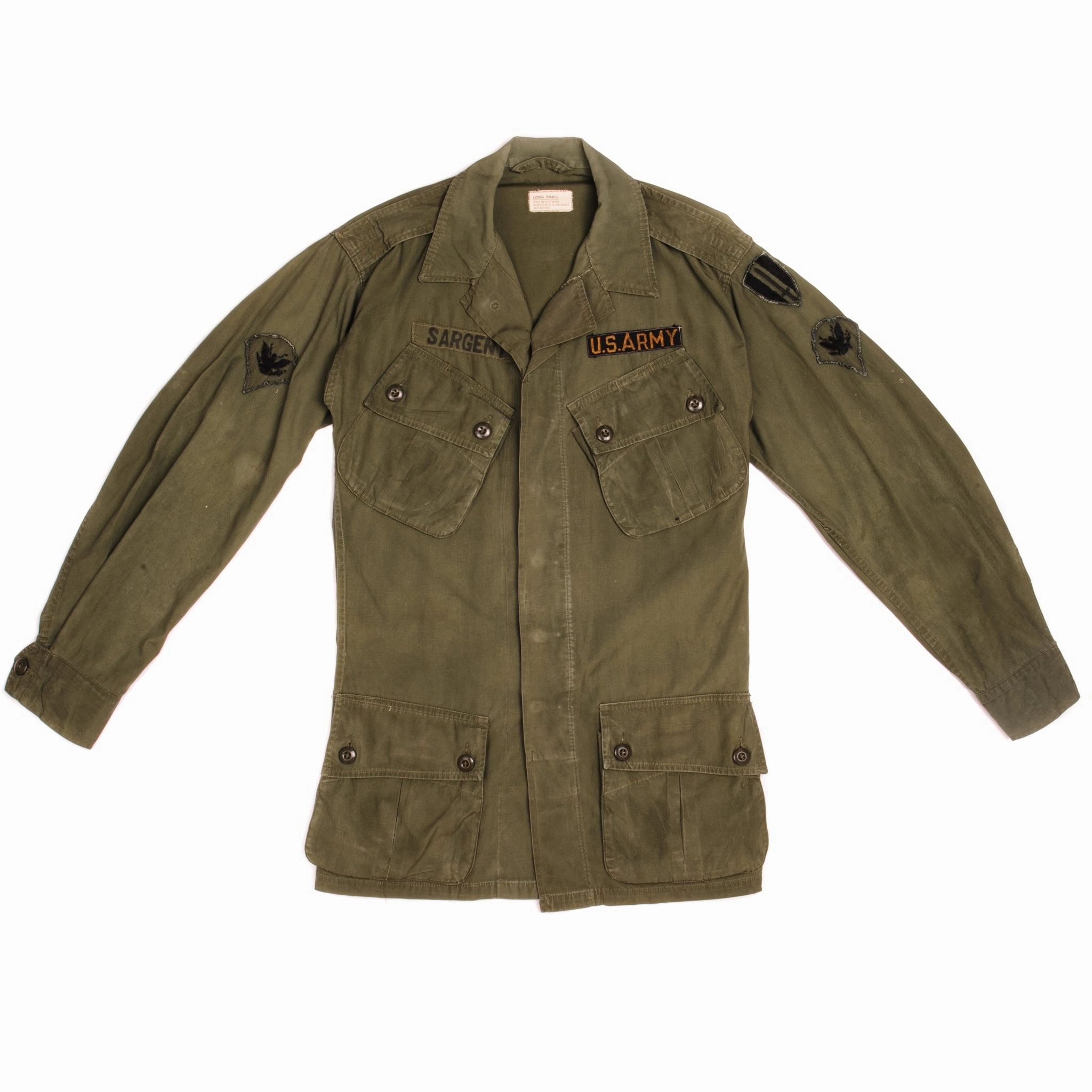 VINTAGE US ARMY TROPICAL COMBAT JACKET FIRST PATTERN 1963 VIETNAM WAR SIZE SMALL LONG WITH PATCHES Communicate Resistant Shell