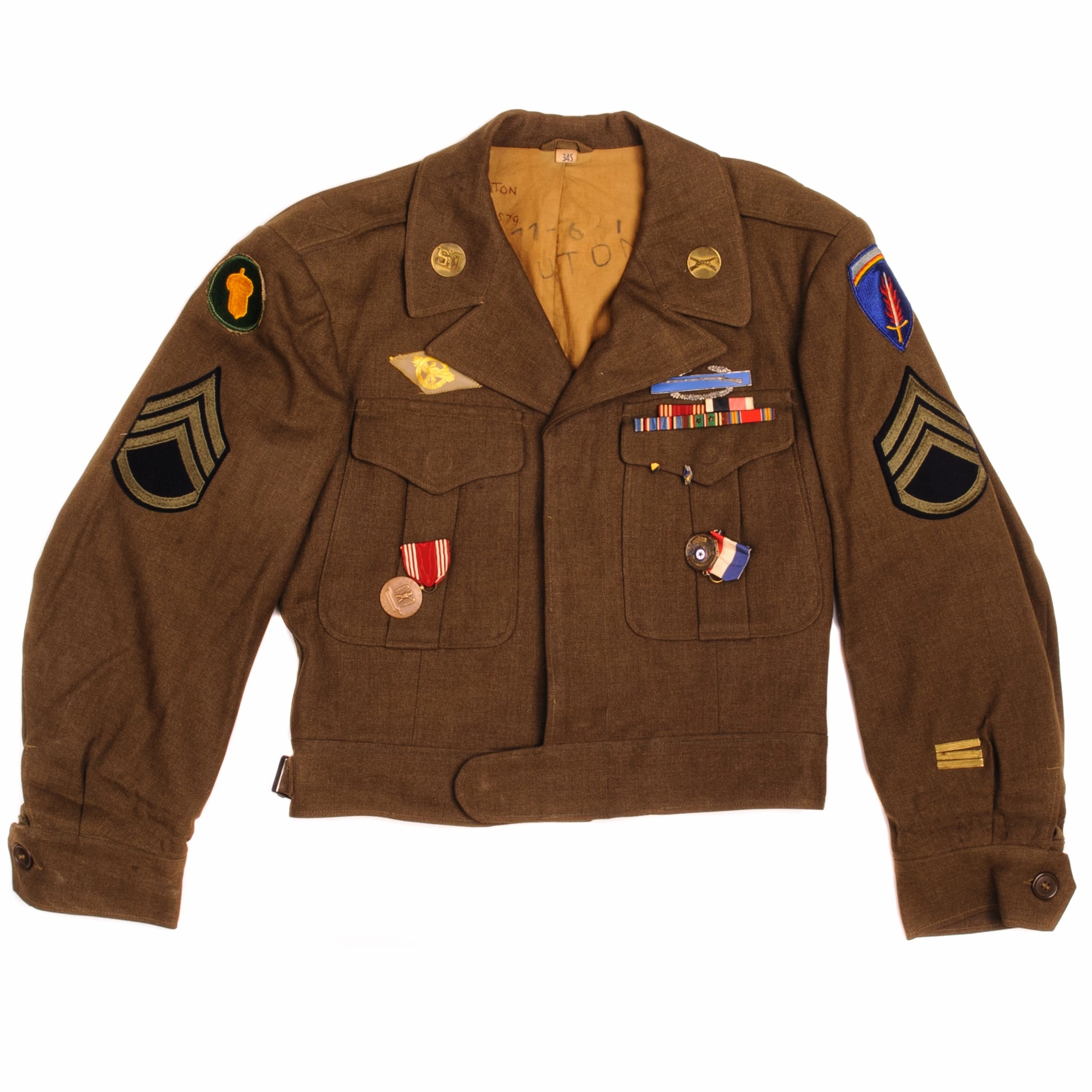 VINTAGE US ARMY WOOL FIELD JACKET WW2 ERA SIZE 34S WITH PATCHES, INSIGNIAS AND RIBBONS Sporty Style Debate